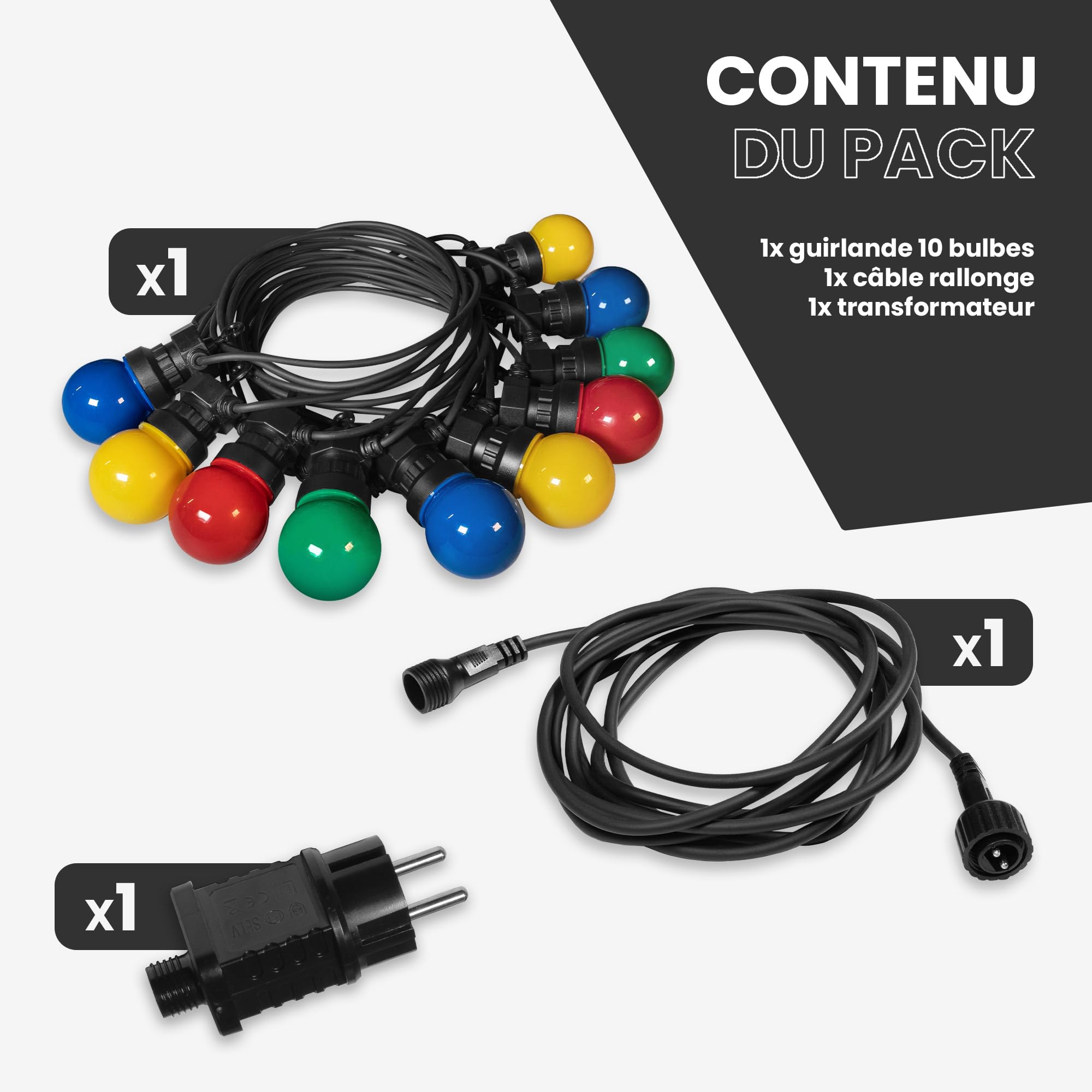 Guirlande Guinguette Multicolore 10M IP44 - Guirlande Lumineuse Exterieure 10 Bulbes Bleu Rouge Jaune Vert pour Terrasse et Jardin