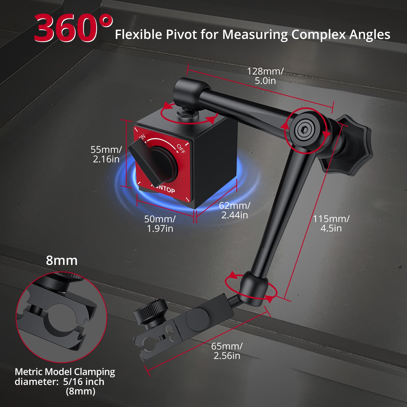 XUNTOP Reloj comparador de precisión con soporte magnético, 176 lbs/80 kg, fuerza de tracción, 0,01 mm, precisión 0-20 mm, rango de medición mecánico, ideal para laboratorio, taller, impresora 3D