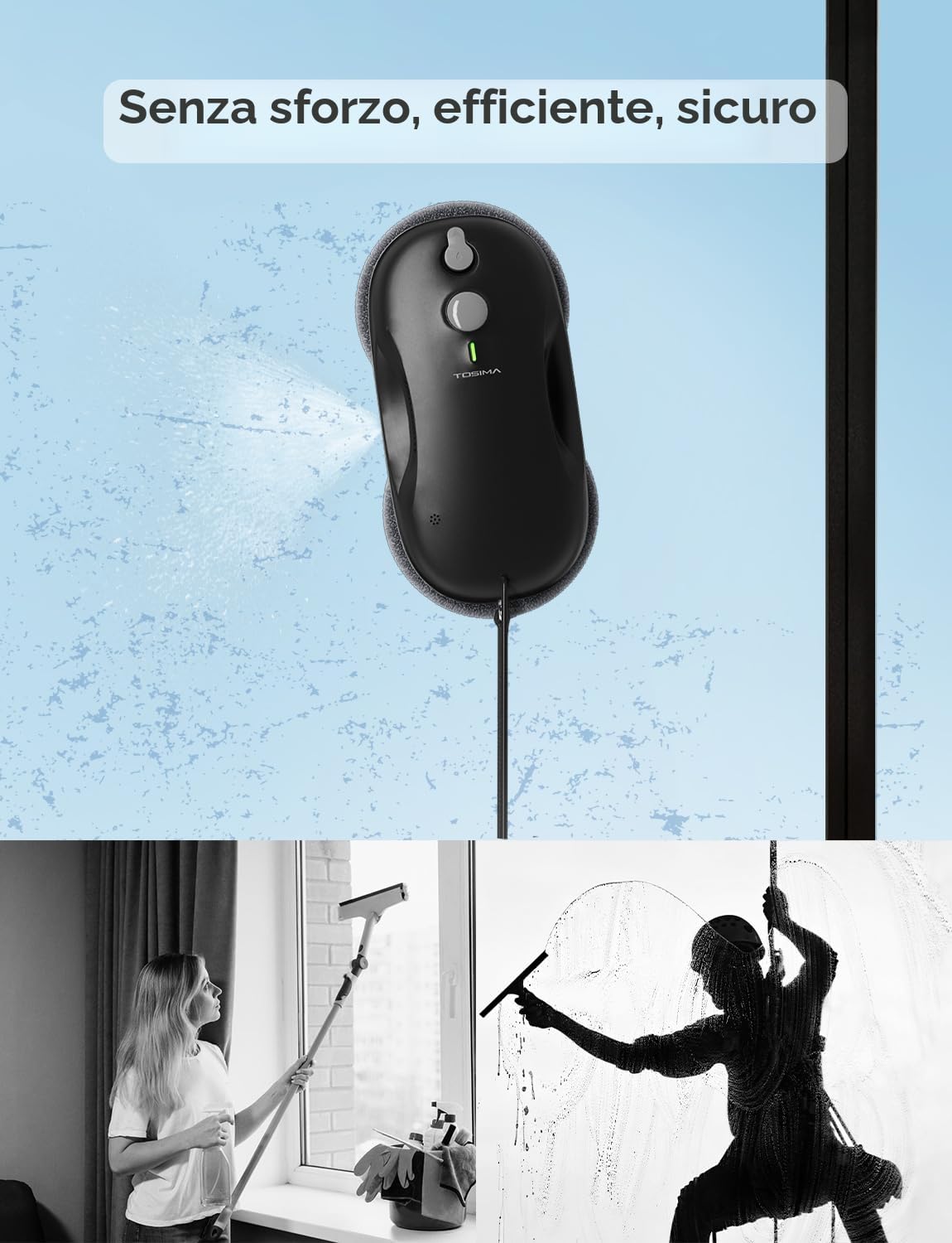 Tosima W3 Robot Lavavetri Finestre, Lavavetri Elettrico con Spruzzo Bidirezionale, Aspirazione Intelligente 3800PA, Triplo Sistema Sicurezza e Telecomando, per Vetri e Superfici Lisce, con 12 Panni