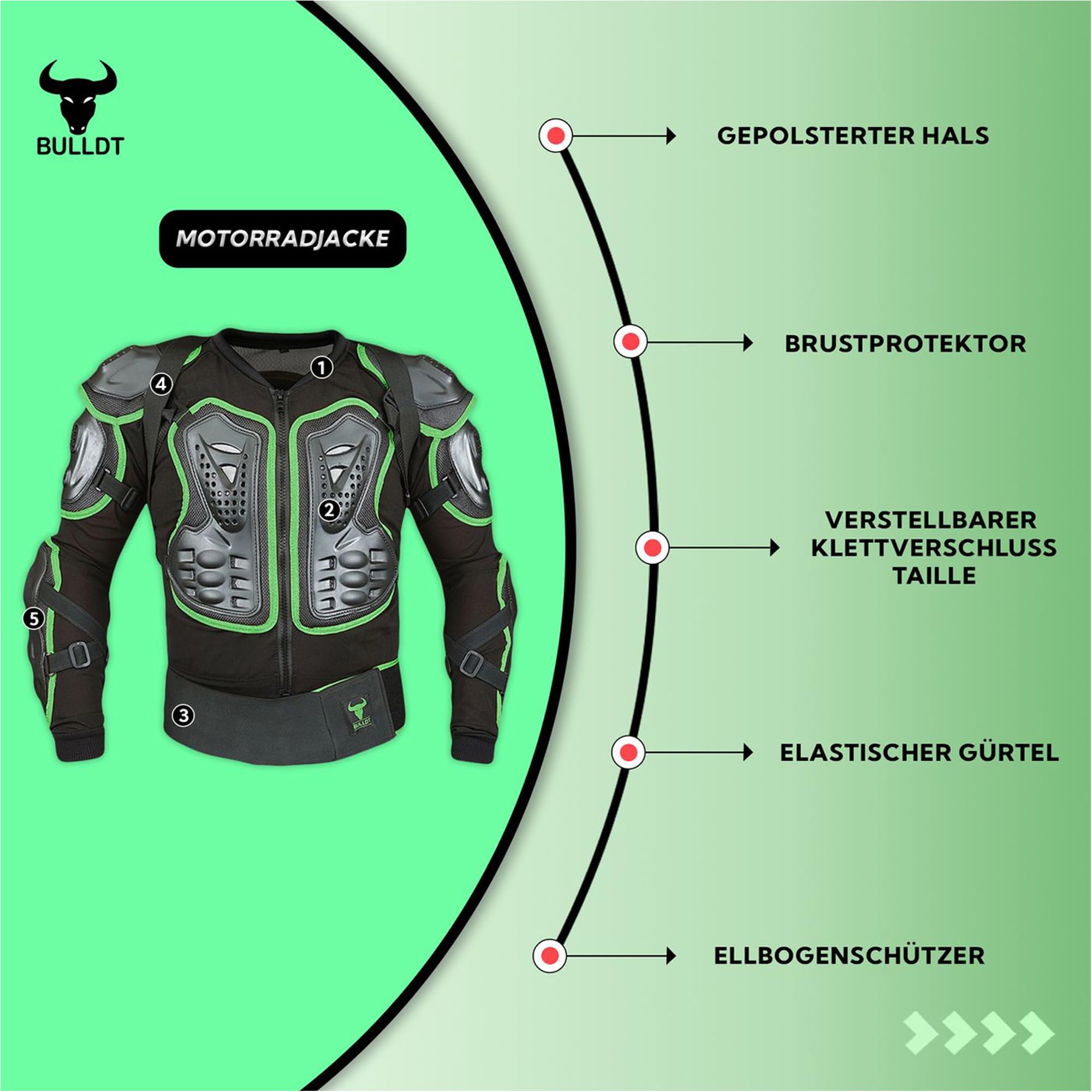 BULLDT Protektorenjacke Damen & Herren Titan für Motorrad Motocross ATV Skatebording Quad Scooter MTB Enduro Reiten Protektoren - Atmungaktiv 2in1 Jacke mit abnehmbar Rückenprotektor - Grün - 56