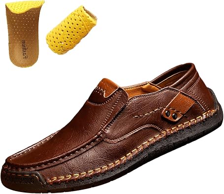 Mens Leather Driving Walking Shoes,Vintage Lightweight Comfort Slip-On Oxford Loafers Moc Dress Casual Boat Shoes