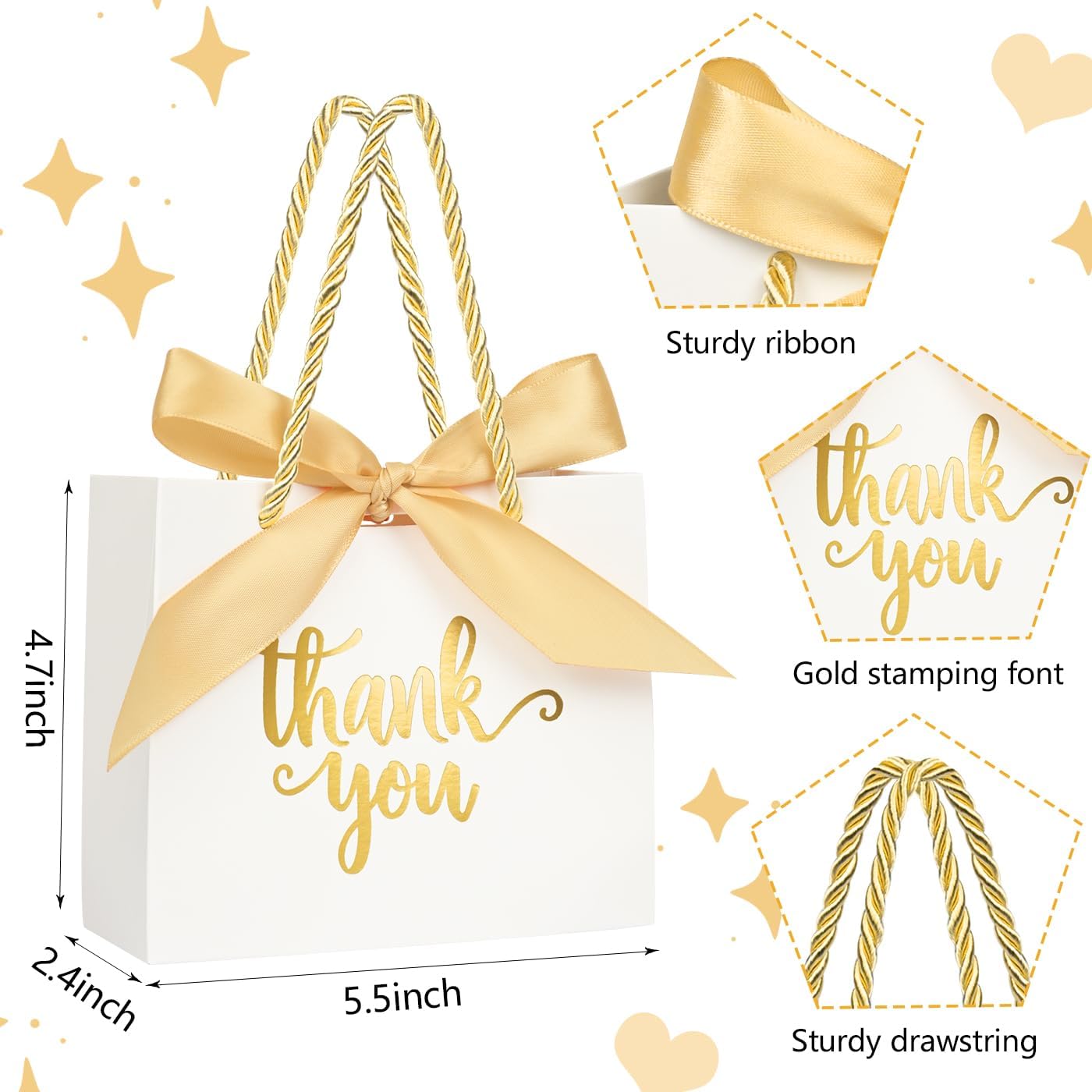 Nimbbex 50Pack Thank You Gift Bags with Handles, Party Favor Bags 5.5x2.3x4.7 Inches Small White Gift Bags with Handles, Mini Paper Candy Bags with Gold Ribbon for Wedding Baby Shower Birthday - Image 3
