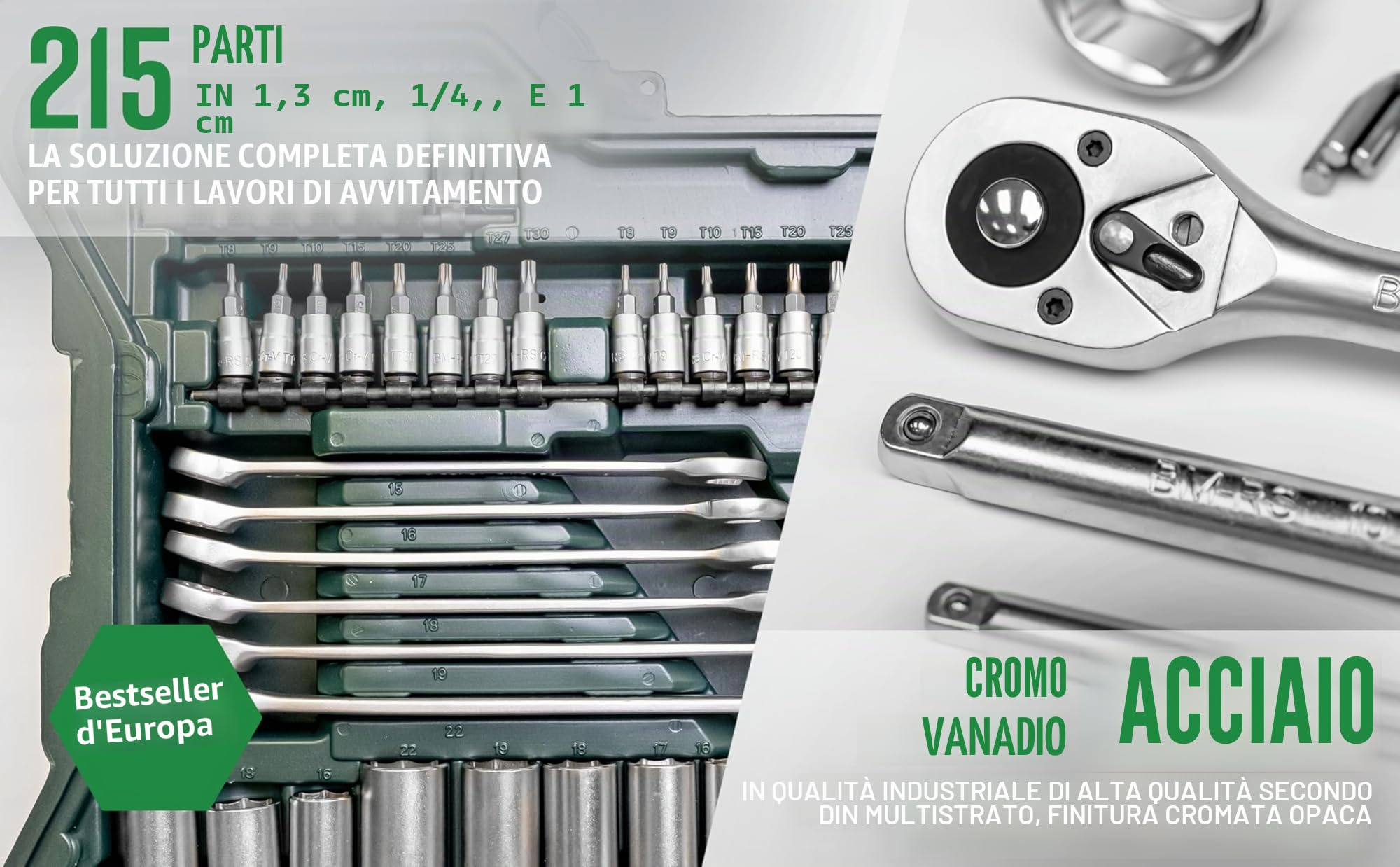 Mannesmann M98430 - Custodia con chiavi a bussola e altri strumenti (215 pezzi, dimensioni: 12x36x51 cm)