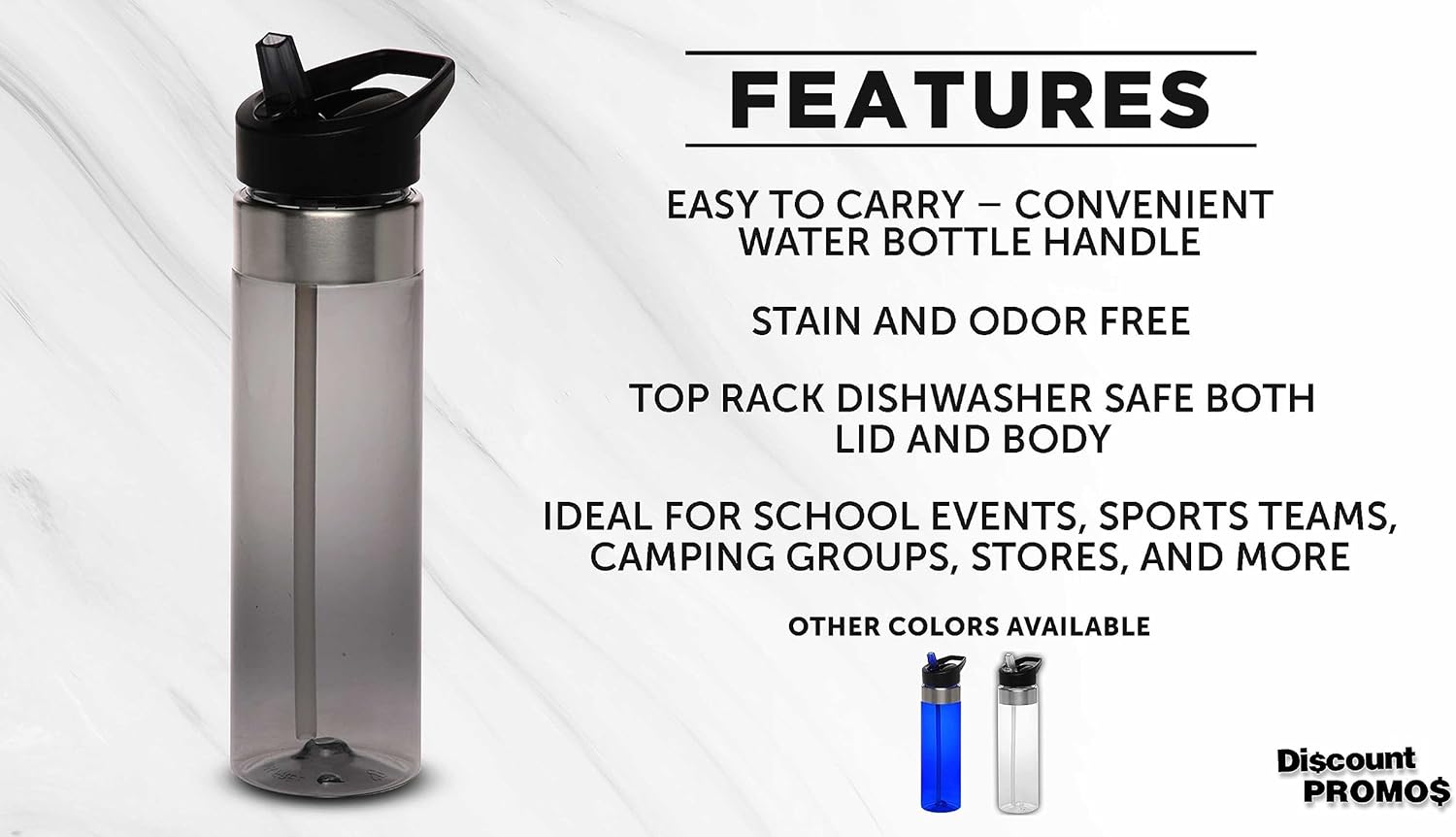 DISCOUNT PROMOS Plastic Water Bottle 24 oz with Inside Straw - BPA Free, Screw-On Cap, Flip Top Nozzle Mechanism - Slim Translucent Body - Eastman Tritan Copolyester - Charcoal - 10 Pack
