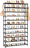VILICK 11-Tier Tall Wide Shoe Rack for 55 Pairs - Sturdy Metal Organizer with 10 Hooks, Space-Saving Closet Entryway Storage, Black