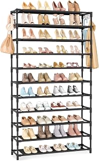 VILICK 11-Tier Tall Wide Shoe Rack for 55 Pairs - Sturdy Metal Organizer with 10 Hooks, Space-Saving Closet Entryway Storage, Black
