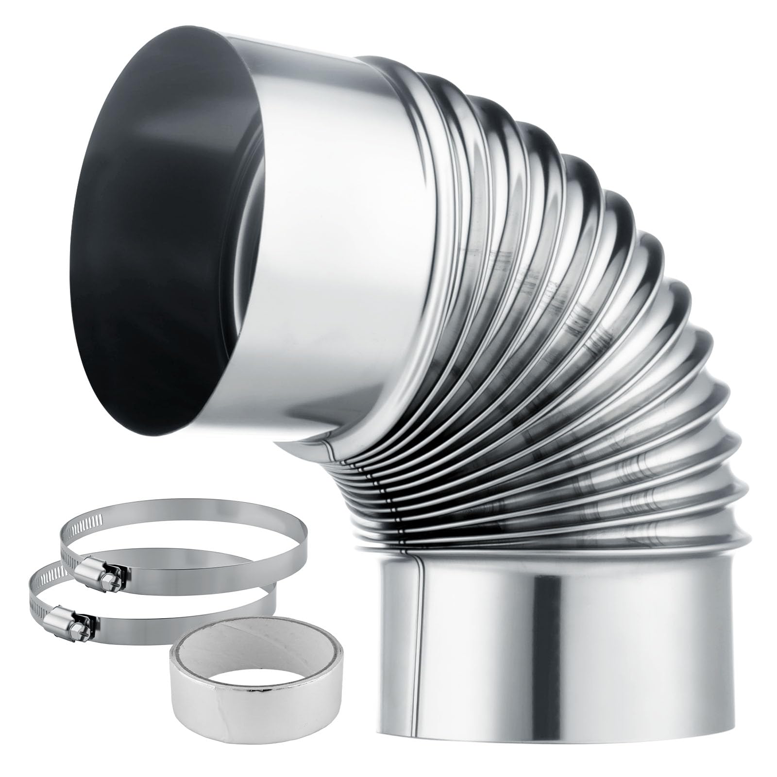 Rocaris 4 Inch 90 Degree Dryer Elbow Vent Tube with 4 Clamps and Aluminum Foil Tape, Stainless Steel Dryer Vent Elbow Connector for 4" HVAC Duct Pipe Hose Ductwork (1PC)