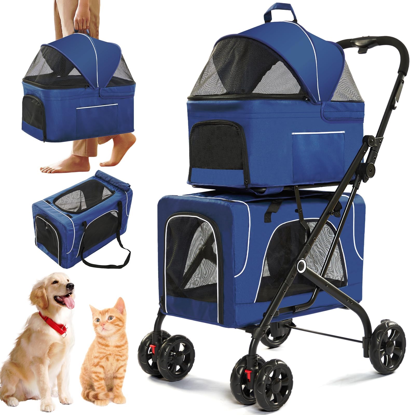 Double Pet Stroller with Detachable Carriers Ideal for 2 Dogs or Cats Compact