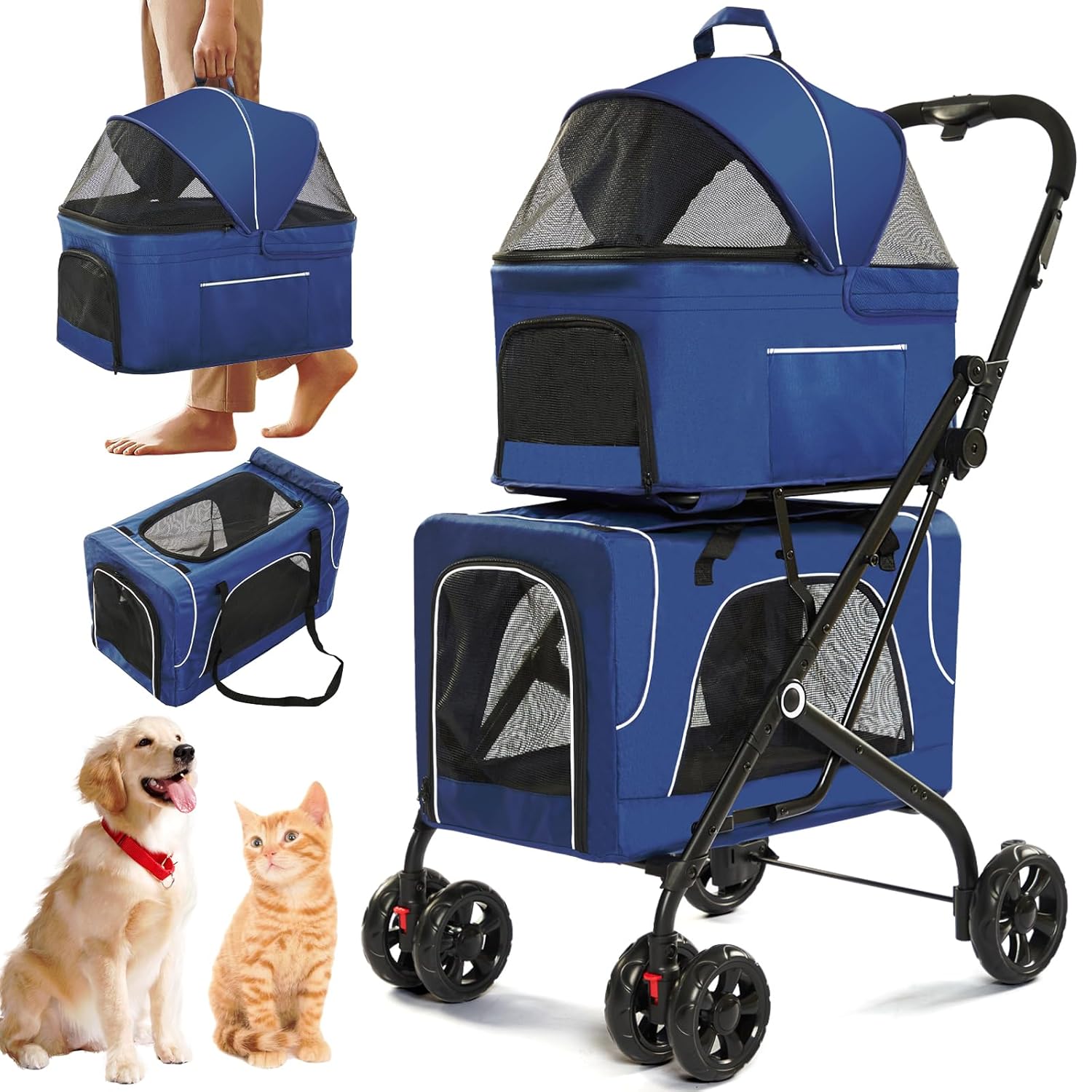 4 in 1 Dog Stroller for Small/Medium Dog with Detachable Carriers, Durable Frame with Wheels, Cat Stroller Dog Stroller Trolley with 600D Oxford Cloth, Ideal for 2 Dogs Cats (Blue)