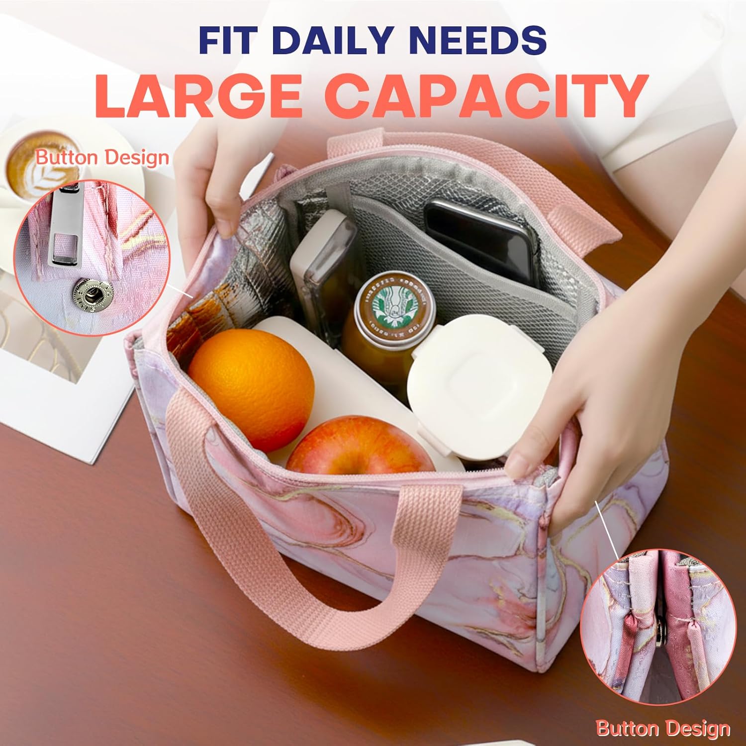 Insulated Lunch Bag, Large Capacity 9.5"x8.75"x5.75" Thermal Cooler Tote, 3-Layer Leakproof Lunch Box with Inner Pocket & Foldable Design, Keep Food Warm or Cold for Work Picnic Travel (Rose Gold)