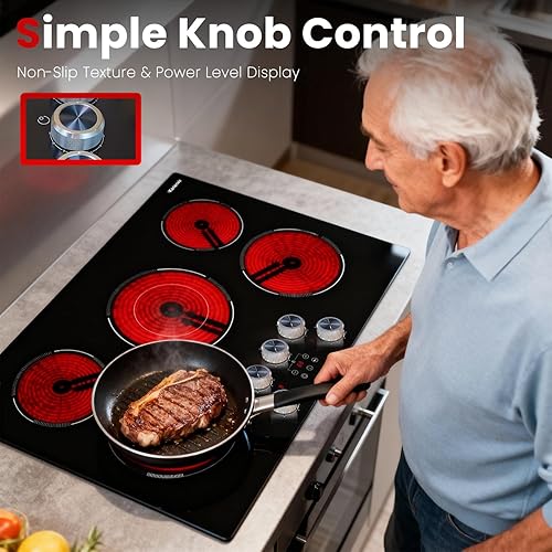 Miniatura 5 de Estufa eléctrica de 30 pulgadas, estufa de 5 quemadores de 8500 W, con perilla antideslizante y control táctil, quemador de doble anilla, bloqueo de