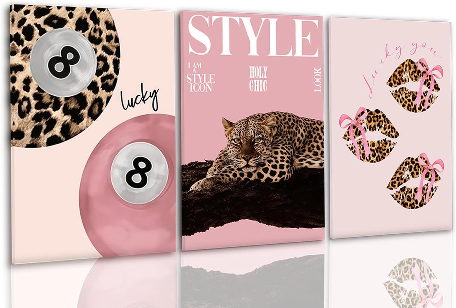 3 Pcs Pink Leopard Canvas Wall Art Trendy Cheetah 8 Ball Bow Poster Prints Y2k Coquette Preppy Lucky Aesthetic Fashion Pictures Art for Girls Bedroom Dorm Living Room Apartment Decor 16*24In (Stretched Canvas On A Wooden Frame)