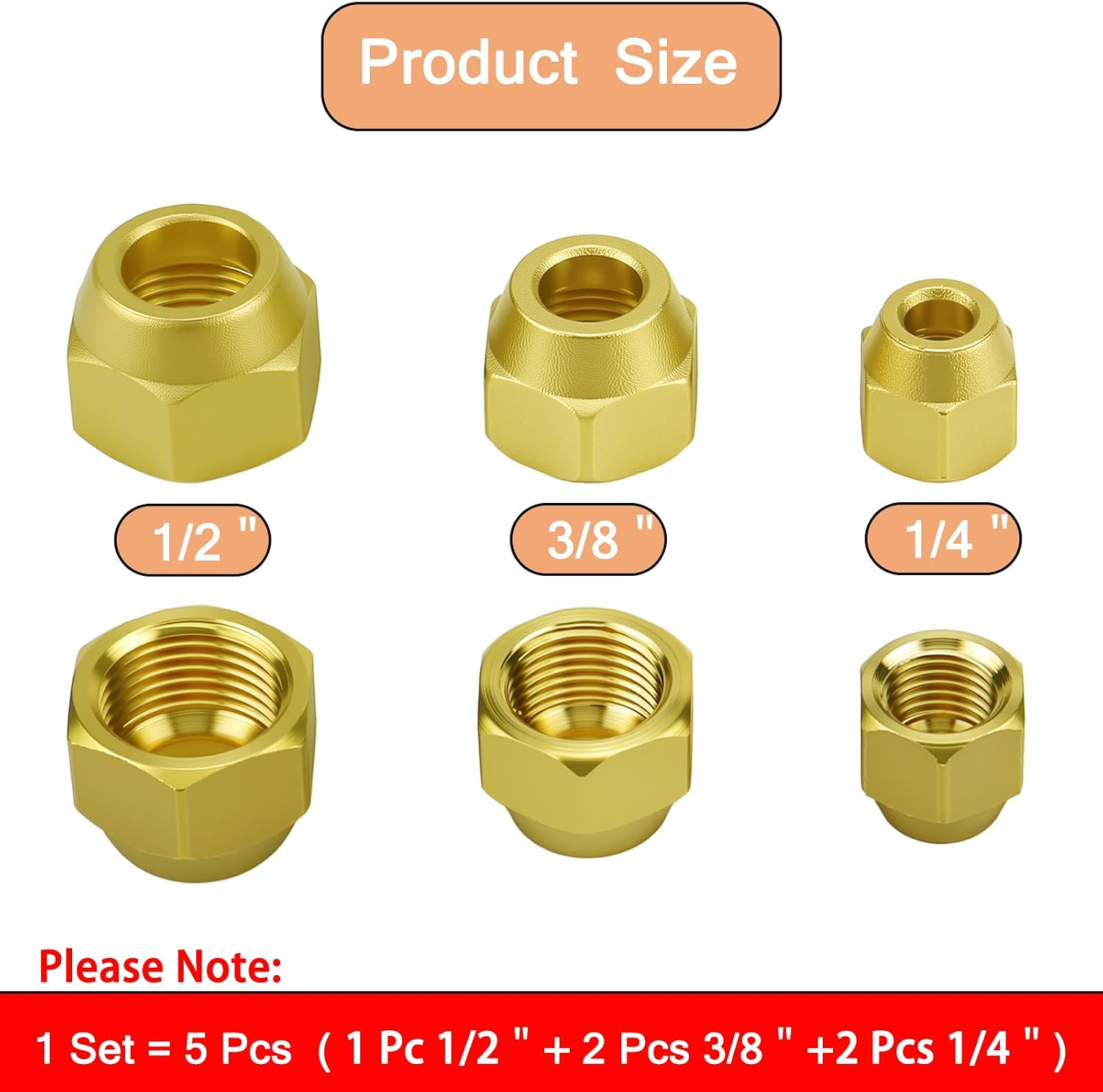 5 Pcs SAE 45° Brass Flare Nut Kit, 1/4" 3/8" 1/2" OD Flare Nuts Assortment, HVAC Refrigeration Copper Tube Fittings for Mini Split AC, Fuel & Gas Lines (5-Pieces Nuts)