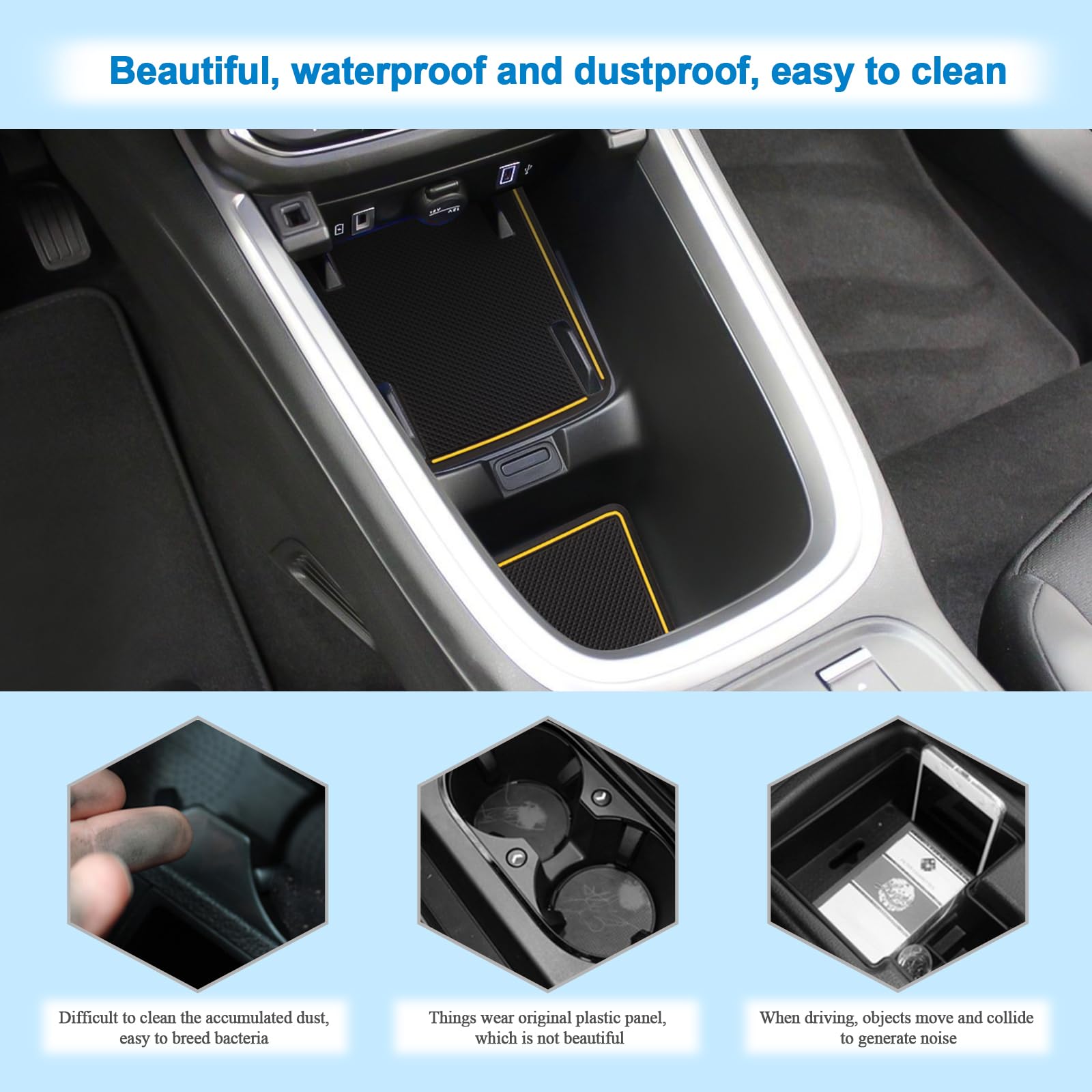 Tappetini Antiscivolo Compatibile con Jeep Avenger 2023 2024, Tappetini in Gomma per Console Centrale, Portabicchieri, Cuciture Porta, Braccioli, Jeep Avenger Tappetino per Auto (Giallo)