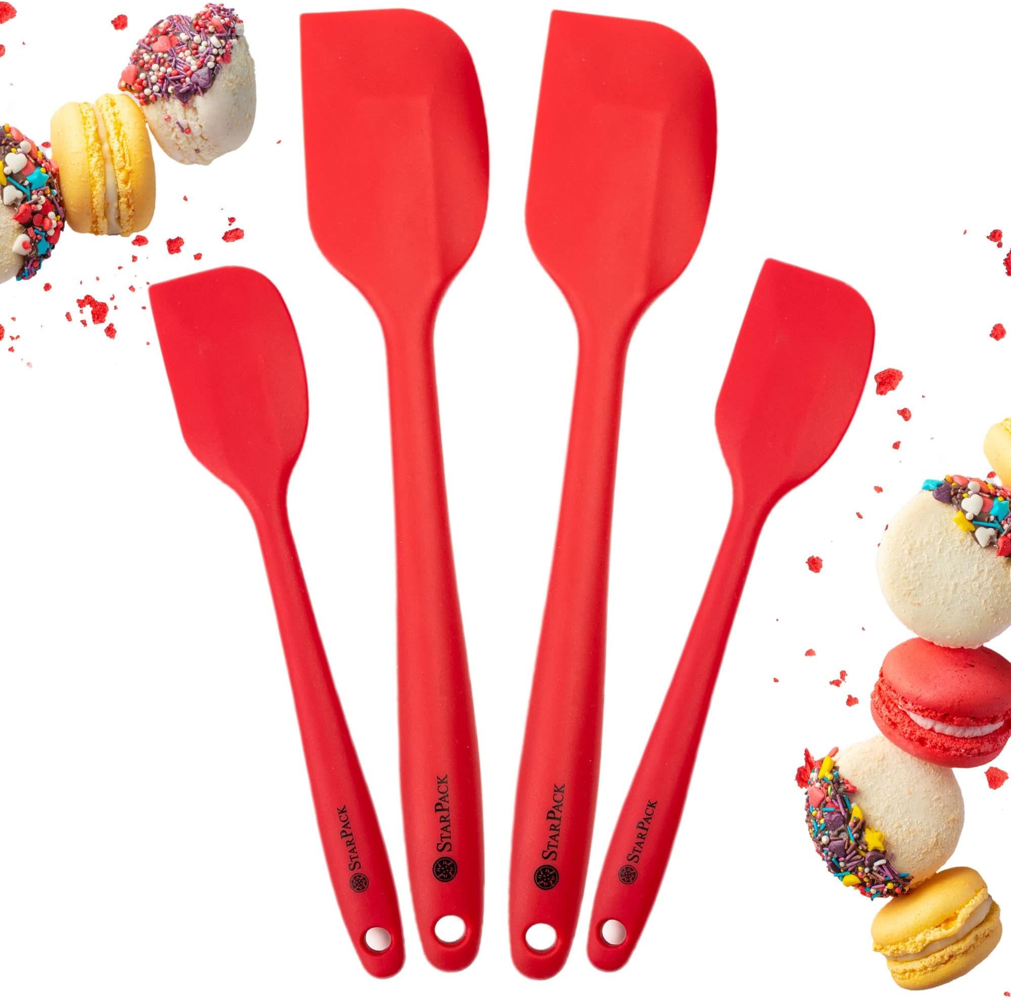 StarPack Basics Silicone Spatula Set of 4 (2 Small, 2 Large), High Heat Resistant to 480°F, Hygienic One Piece Design, Non Stick Rubber Cooking Utensil Set (Cherry Red)