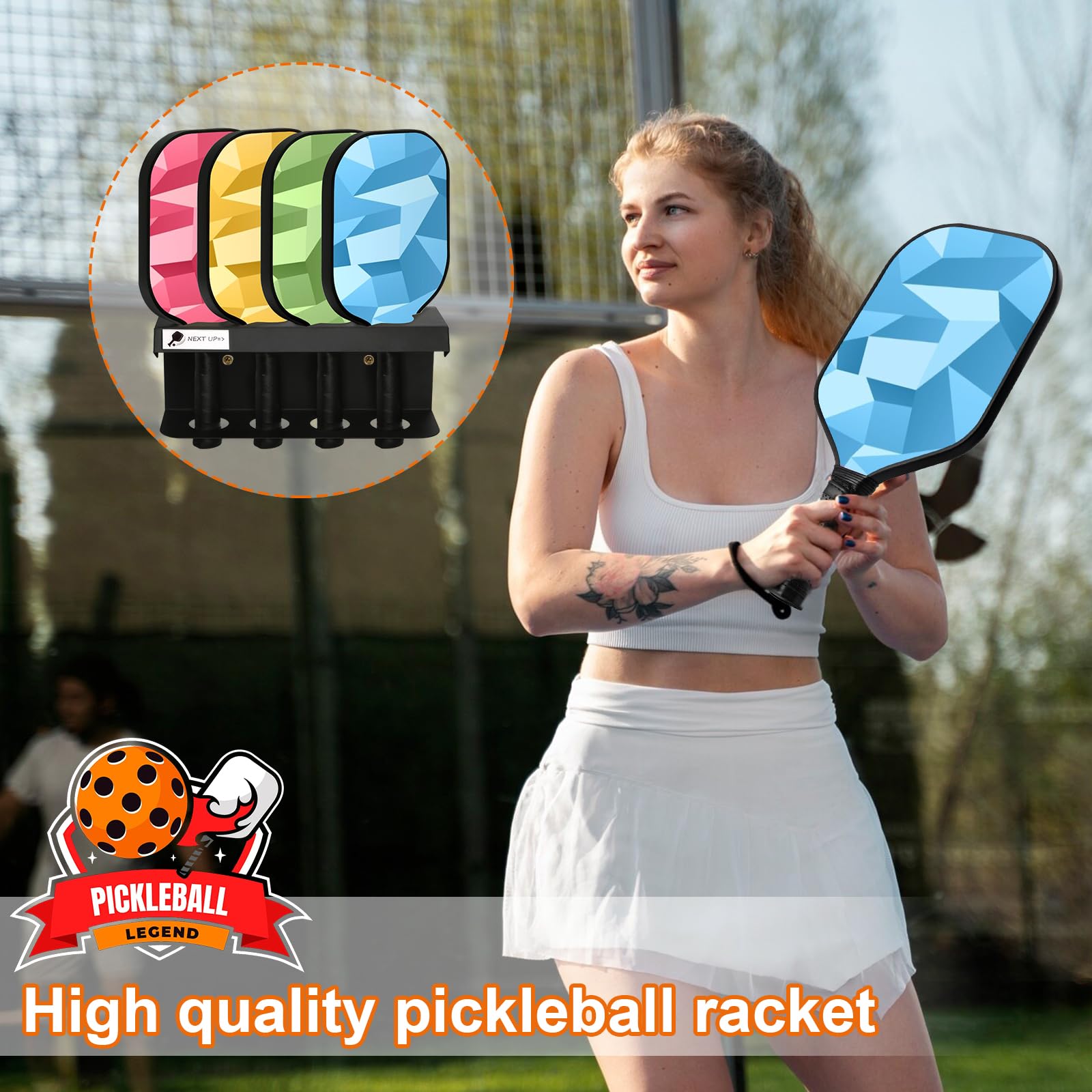 Pickleball Schlägerballhalter für 4 Paddel, Pickleball-Paddelhalter mit Etikett, um die nächsten Spieler zu verfolgen, Pickleball-Paddelhalter, Zaun, Wandhalterung, hängende Aufbewahrung, Outdoor,