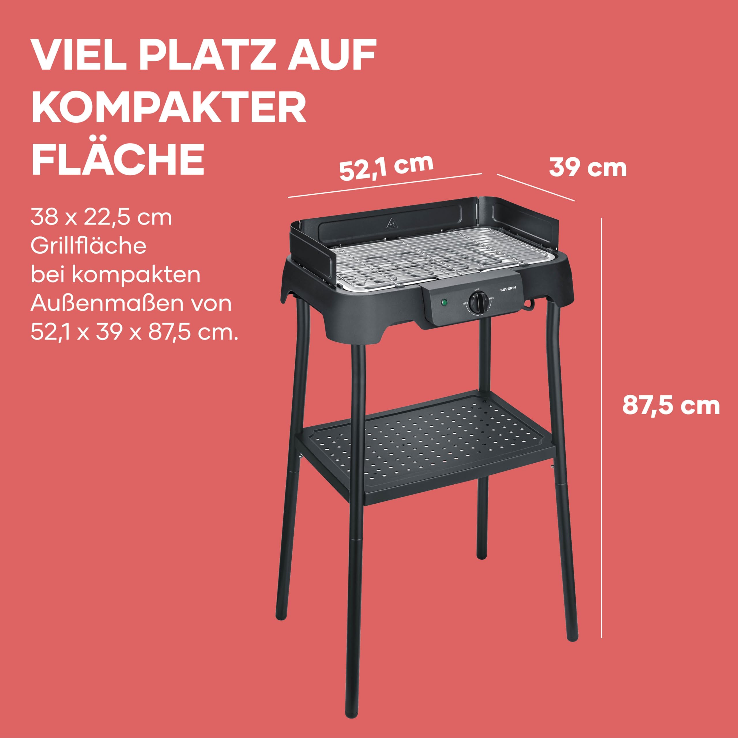 Severin Elektrogrill mit Standfuß, 2000W, 38x22cm, Edelstahl-Grillrost, schwarz