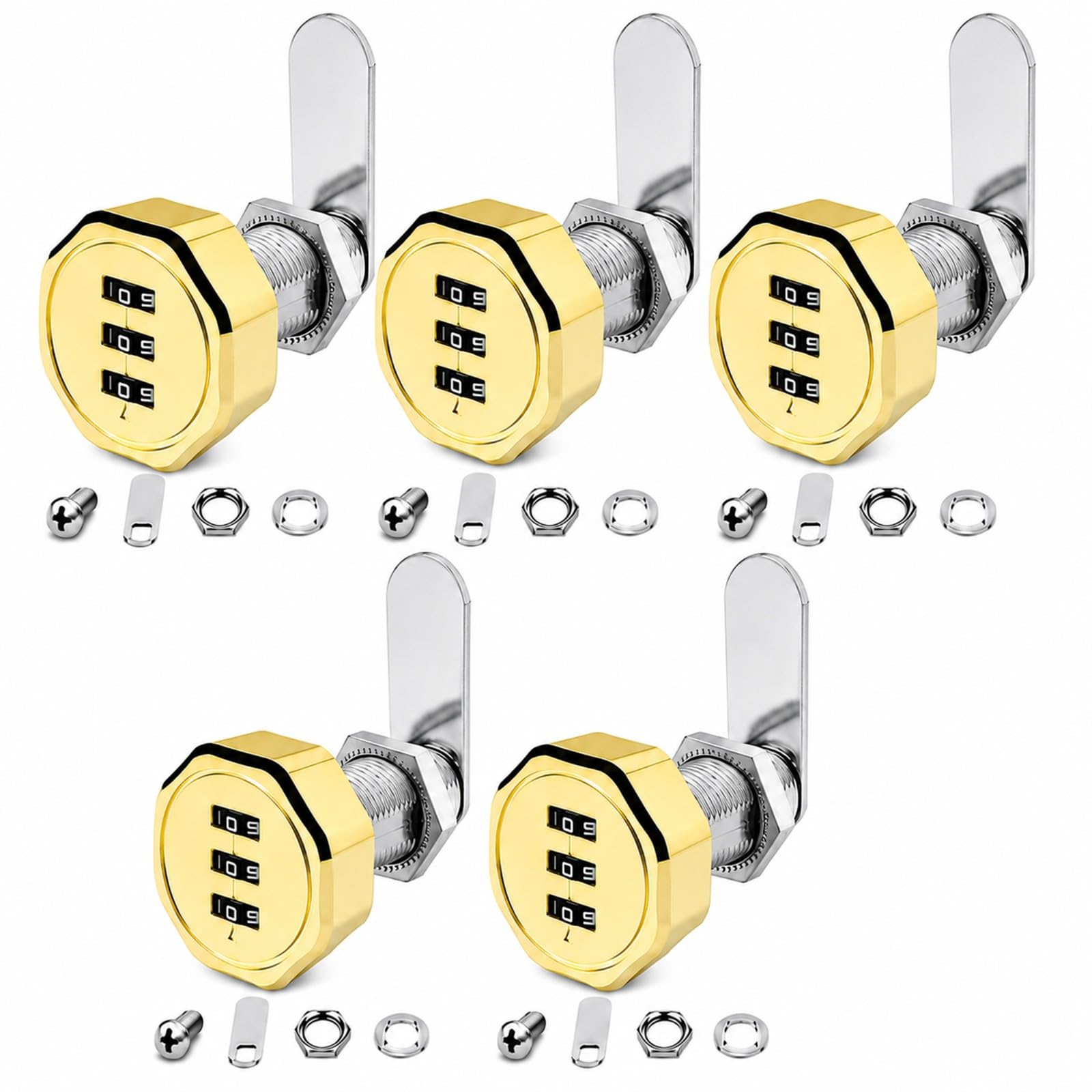 Cerradura de combinación con leva, cerradura reajustable de 3 dígitos, cilindro de 1-9/16", cerradura de seguridad de aleación de zinc para armarios, taquillas y más.(Gold,5PCS)