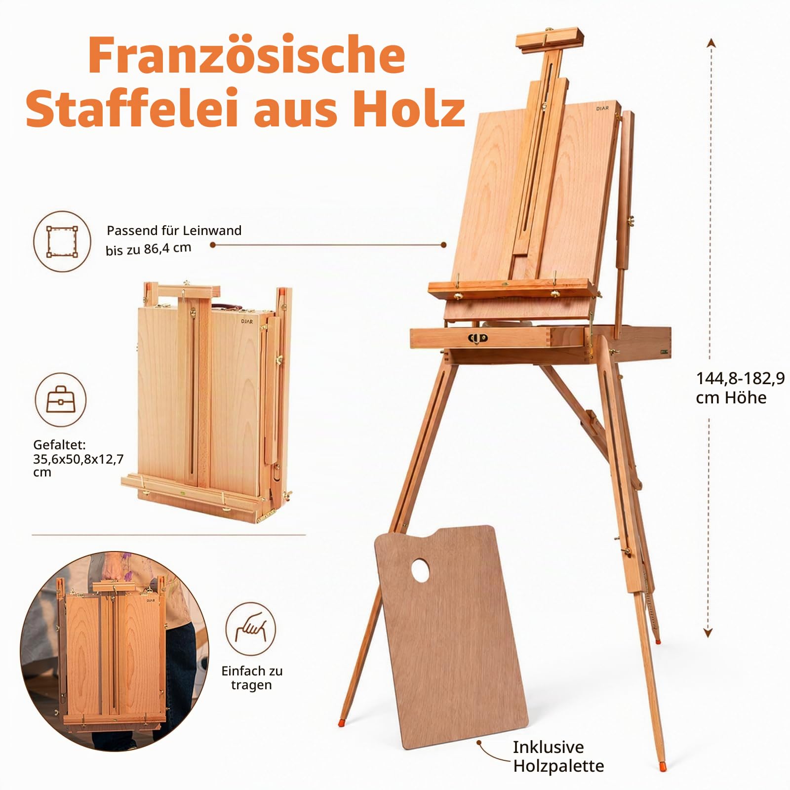 DJAR 89-teiliges Acrylfarben-Set mit französischer Holzstaffelei für Erwachsene | Professionelles Malset mit 24 Farben Acrylfarbe, Leinwand, Pinsel und Kunstzubehör für Studenten, Anfänger