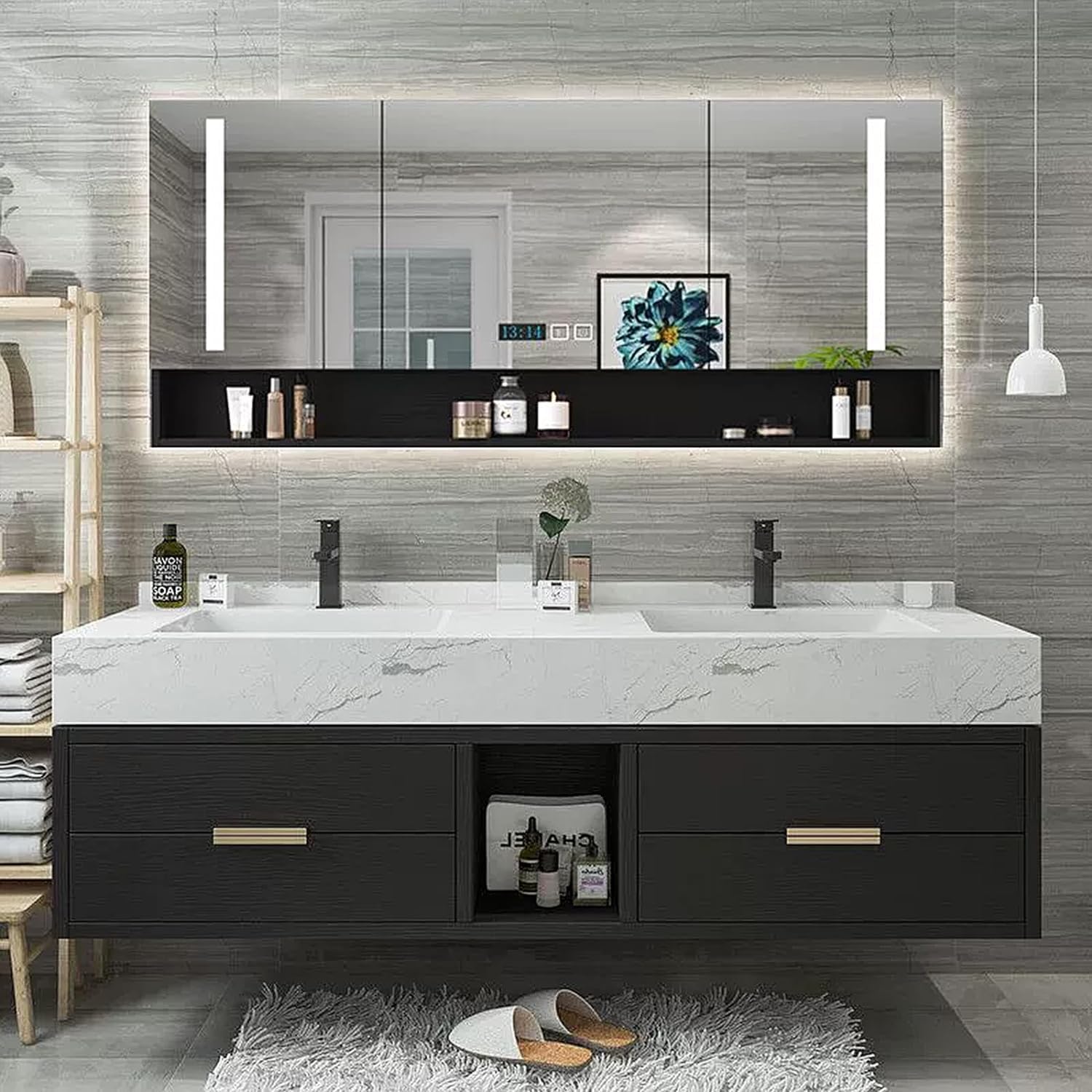 Bathroom Vanity with Double Sink - 60IN Bathroom Vanity with One - Button Defogging & Human Body Sensor Light | 4 Drawers & LED Light & Black