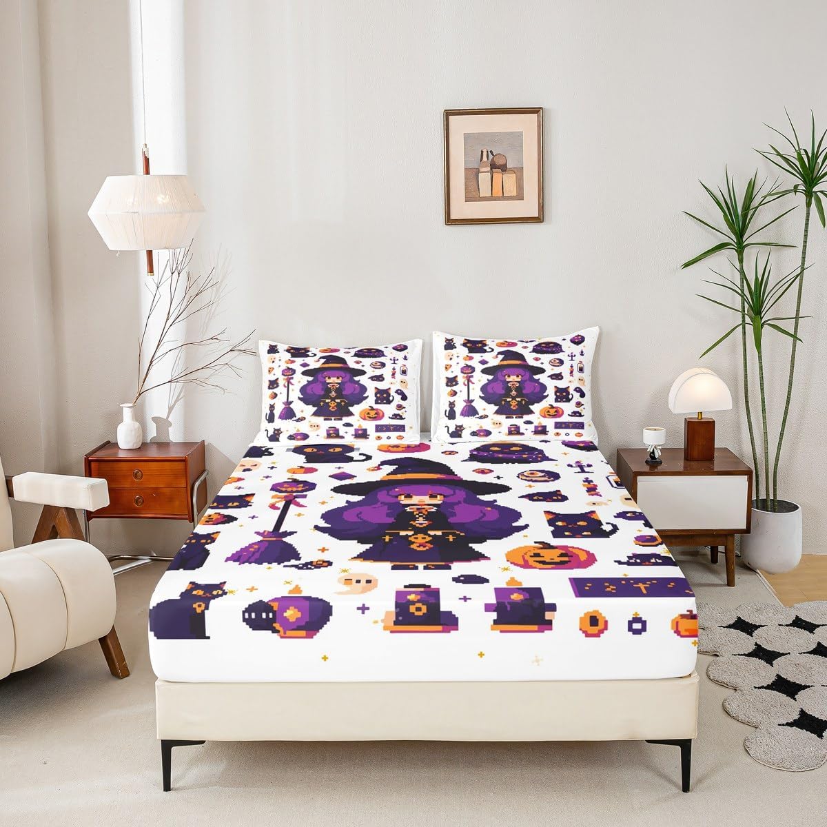 Cartoon Witch Fitted Sheet Full Size,Halloween Pumpkin Cat Bedding Set 3Pcs for Kids Girls Boys Teens Room Decor,Gaming Pixel Style Bed Sheets Funny Halloween Deep Pocket Sheet,2 Pillowcases