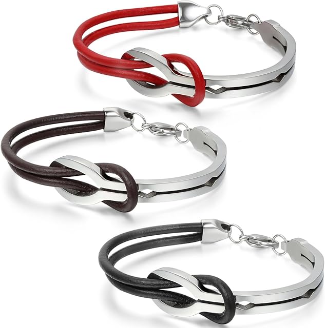 JewelryWe Valentine Gifts Leather Half Cuff Stainless Steel Infinity Bangle Bracelet