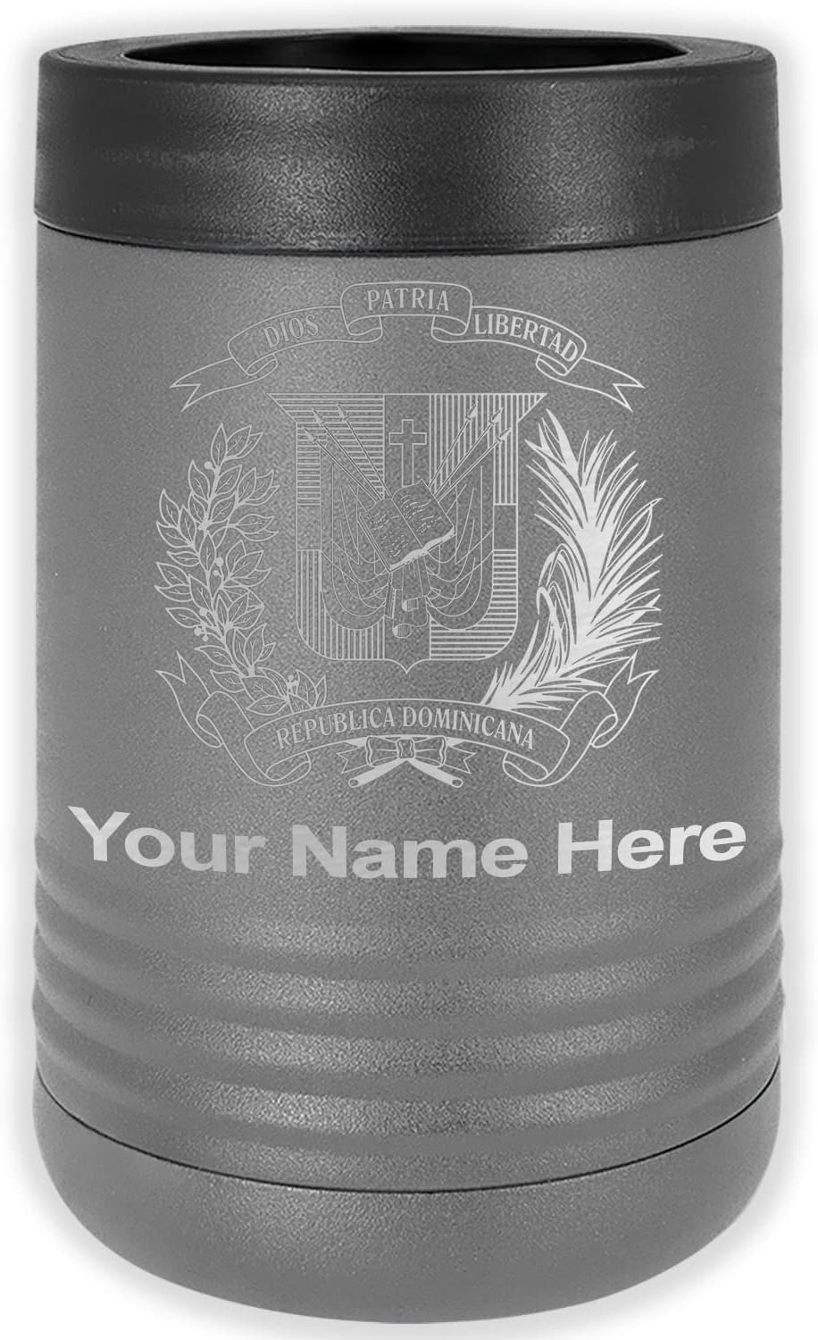 LaserGram Personalized 12 oz. Stainless Steel Can & Bottle Insulator, Coat of Arms Dominican Republic – Keeps Drinks Cold Longer (Navy Blue)