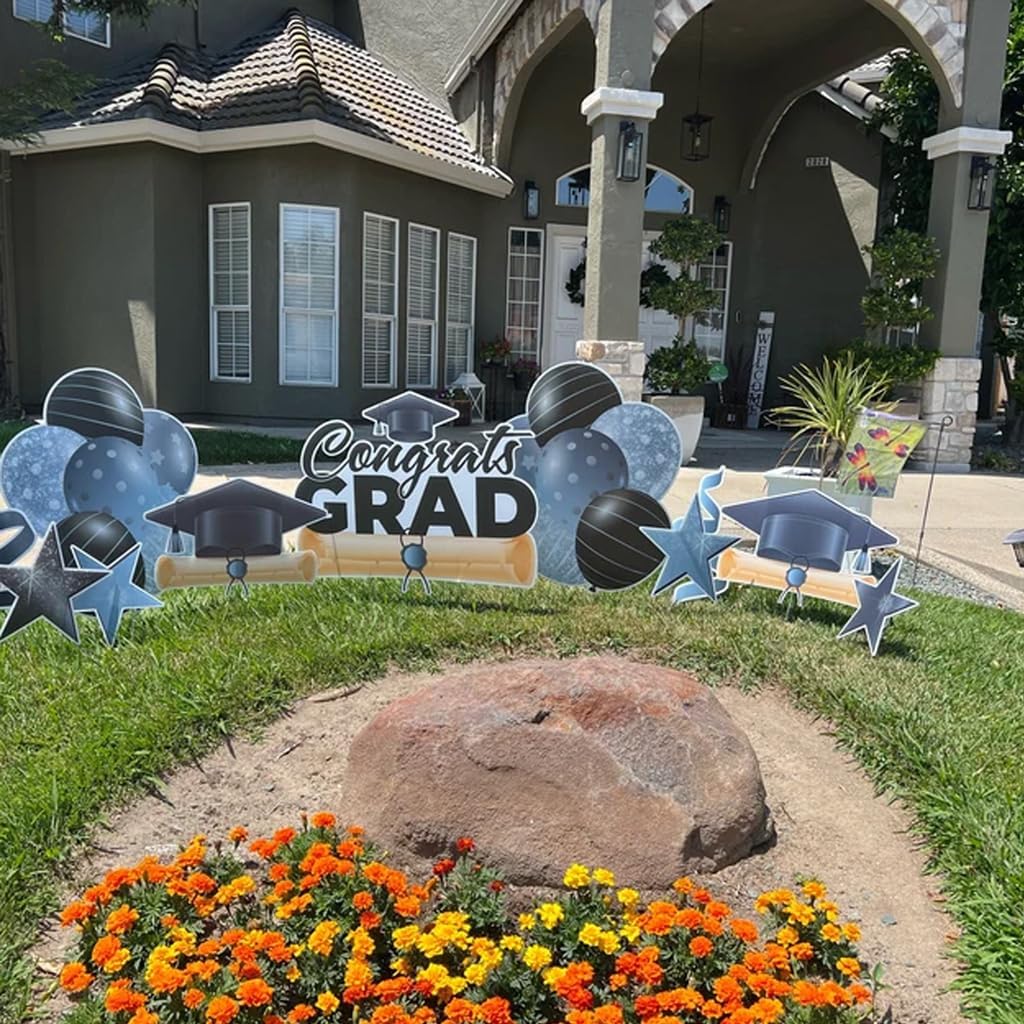 VictoryStore Yard Decorations Congrats Grad Graduation Yard Cards 11 Piece Set, Graduation Yard Signs with Stakes (Silver)