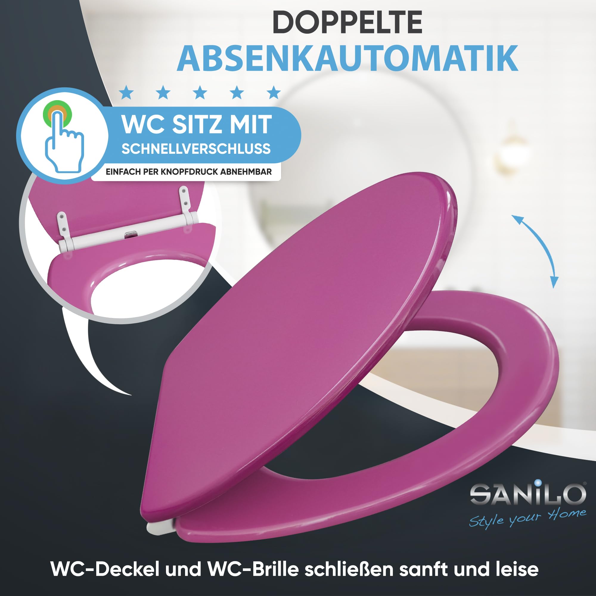 Sanilo WC Sitz mit Absenkautomatik & Schnellverschluss, Toilettendeckel per Knopfdruck abnehmbar, einfache Montage von oben (Glitzer Pink)