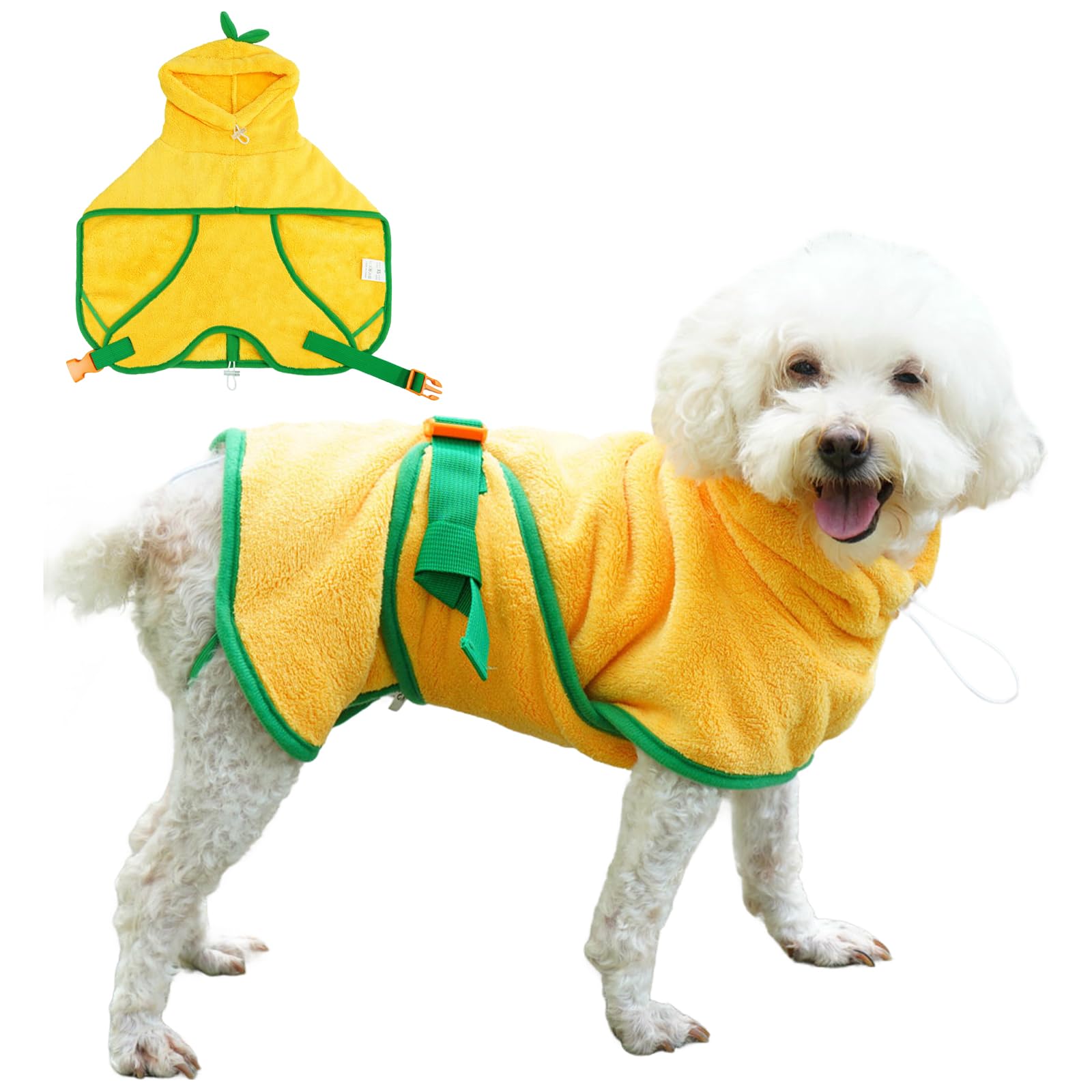 Fnaobai Pet Bathrobe for Dog Cat Absorbently Quick Drying Coat Cute Dogs Bath Towel Hooded Robe Adjustable Collar & Belly Strap for Pool Beach (Yellow