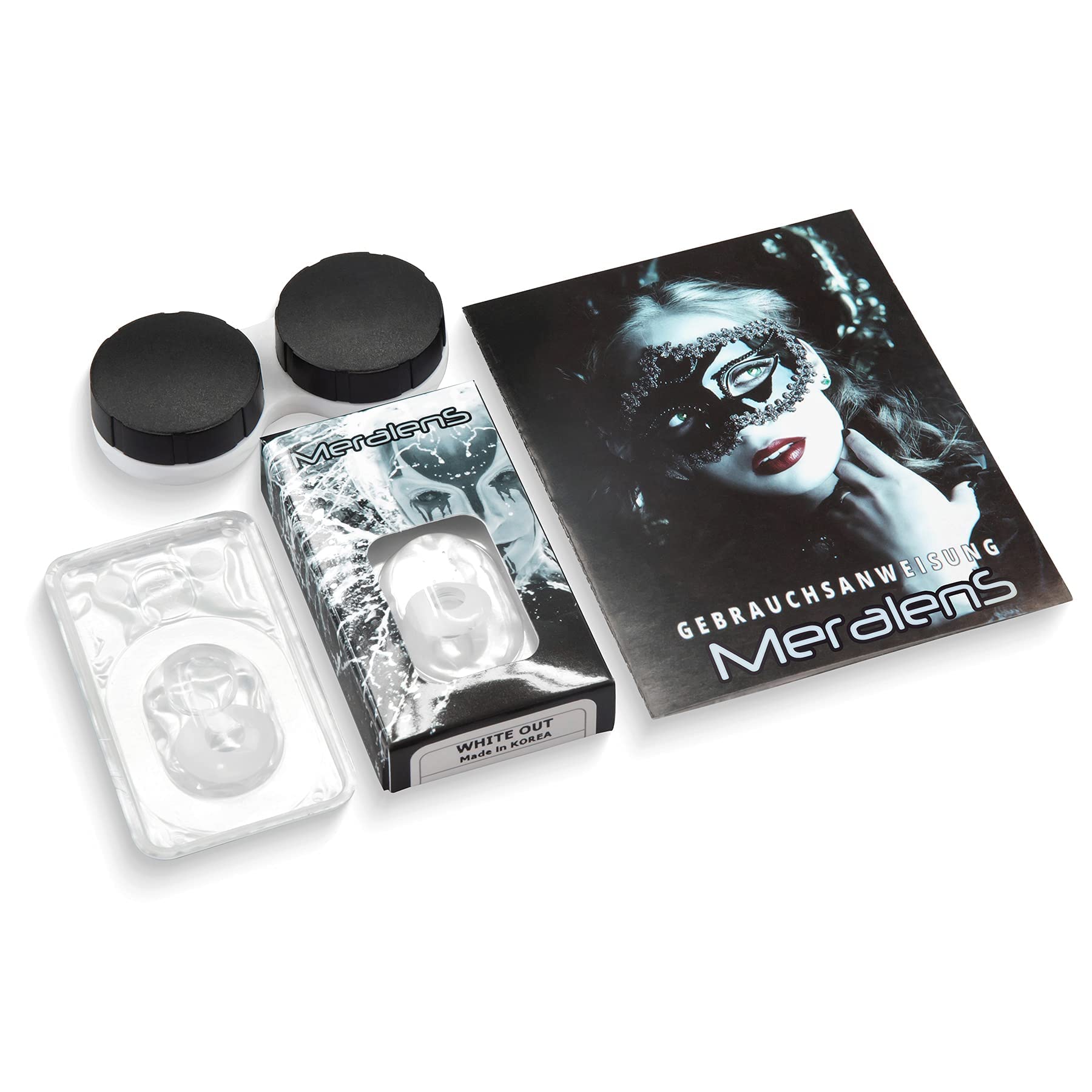 Lentillas de color blanco Vampiro White Out 1 par. Cómodo y perfecto para el carnaval de Halloween gratis estuche de lentillas sin graduación