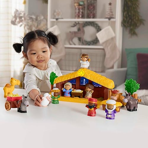 Miniatura 2 de Fisher-Price Little People - Juego de Belén de juguete para niños pequeños con luces musicales y 18 piezas para Navidad, juego de simulación para