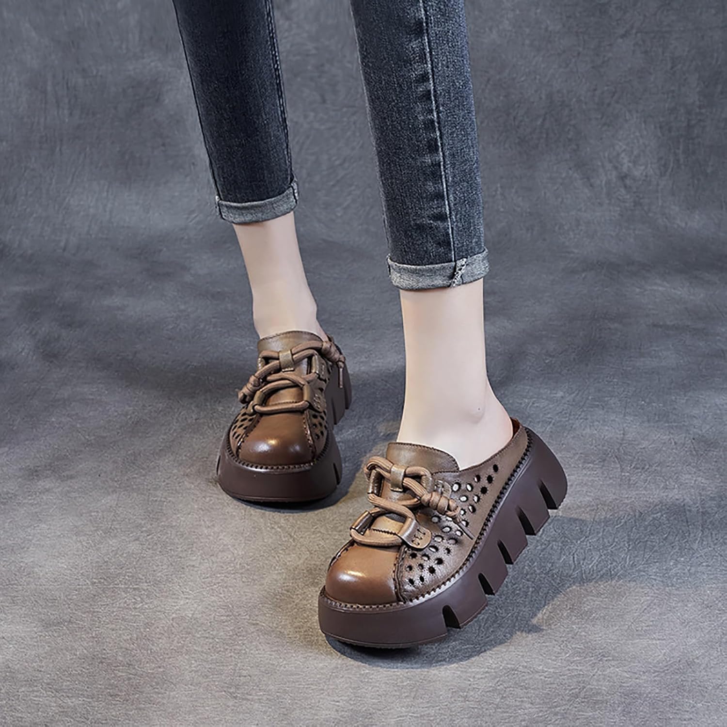 Women's Genuine Leather Hollow Platform Mules Sandals Fashion Lace Up Comfortable Closed Round Toe Slip-on Anti-slip Lug Sole Slides for Beach Walking Dress Slippers