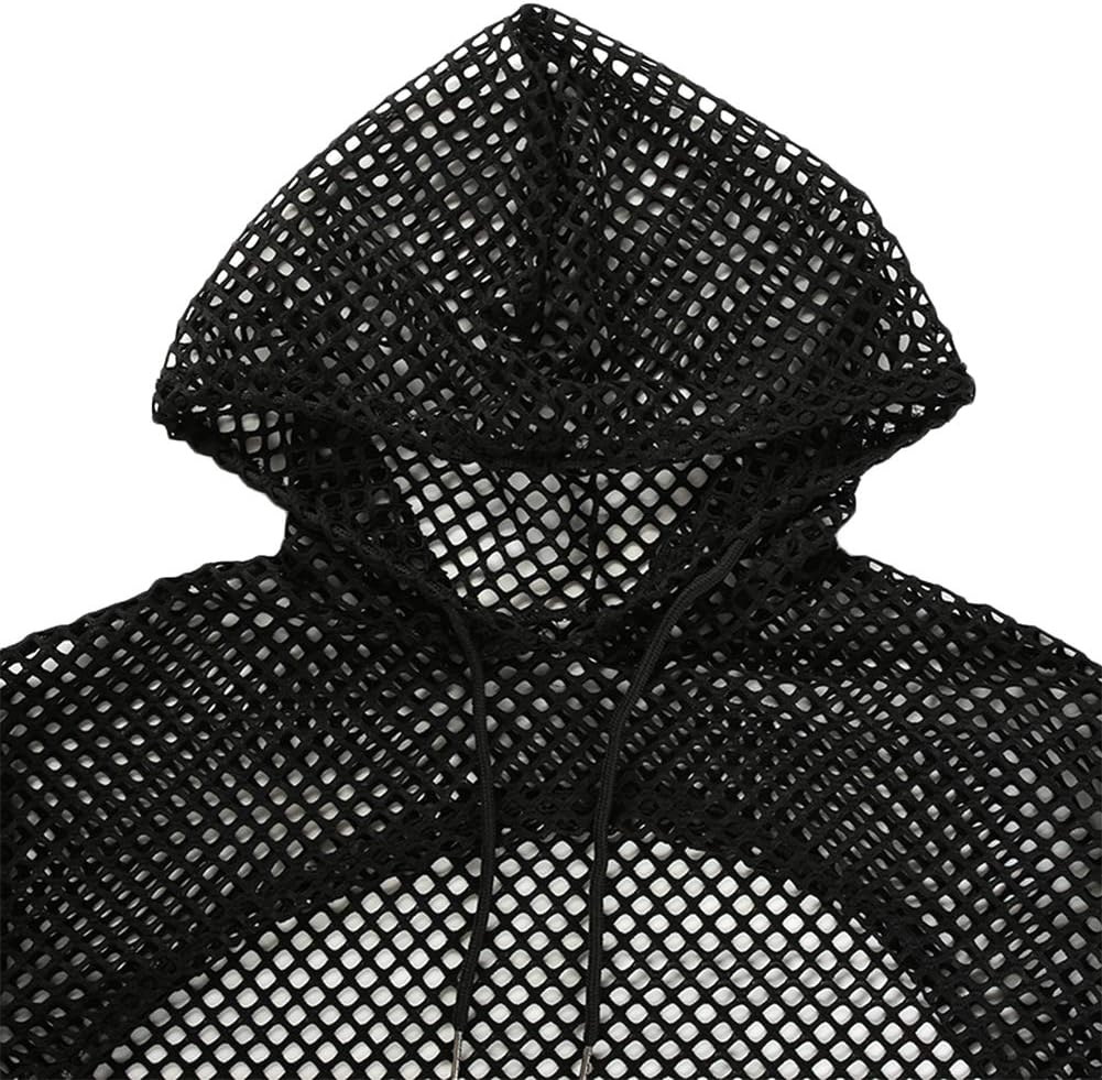 Women Sexy Mesh Fishnet Long Sleeve Pullover Hoodie See Through Crop Top Sheer Mesh Top Hollow Sweatshirt