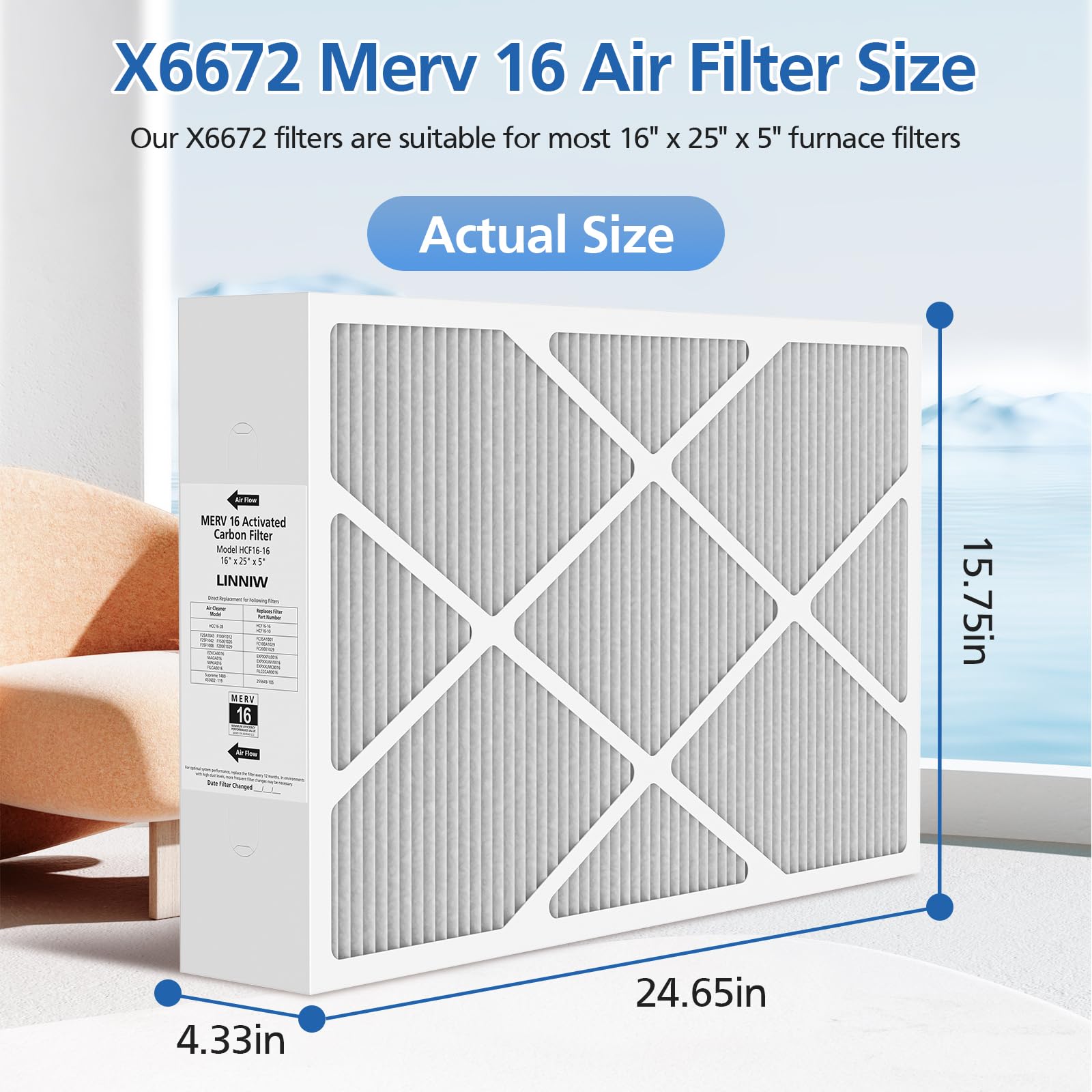 2 Pack X6672 16x25x5 MERV 16 Filter Compatible with Lennox X6672