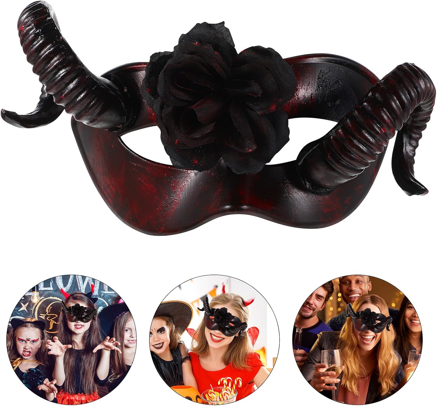 Flower Halloween Mask with Removable Red Horns, Scary Half Face Cosplay Mask for Adult Halloween Party Costume Props