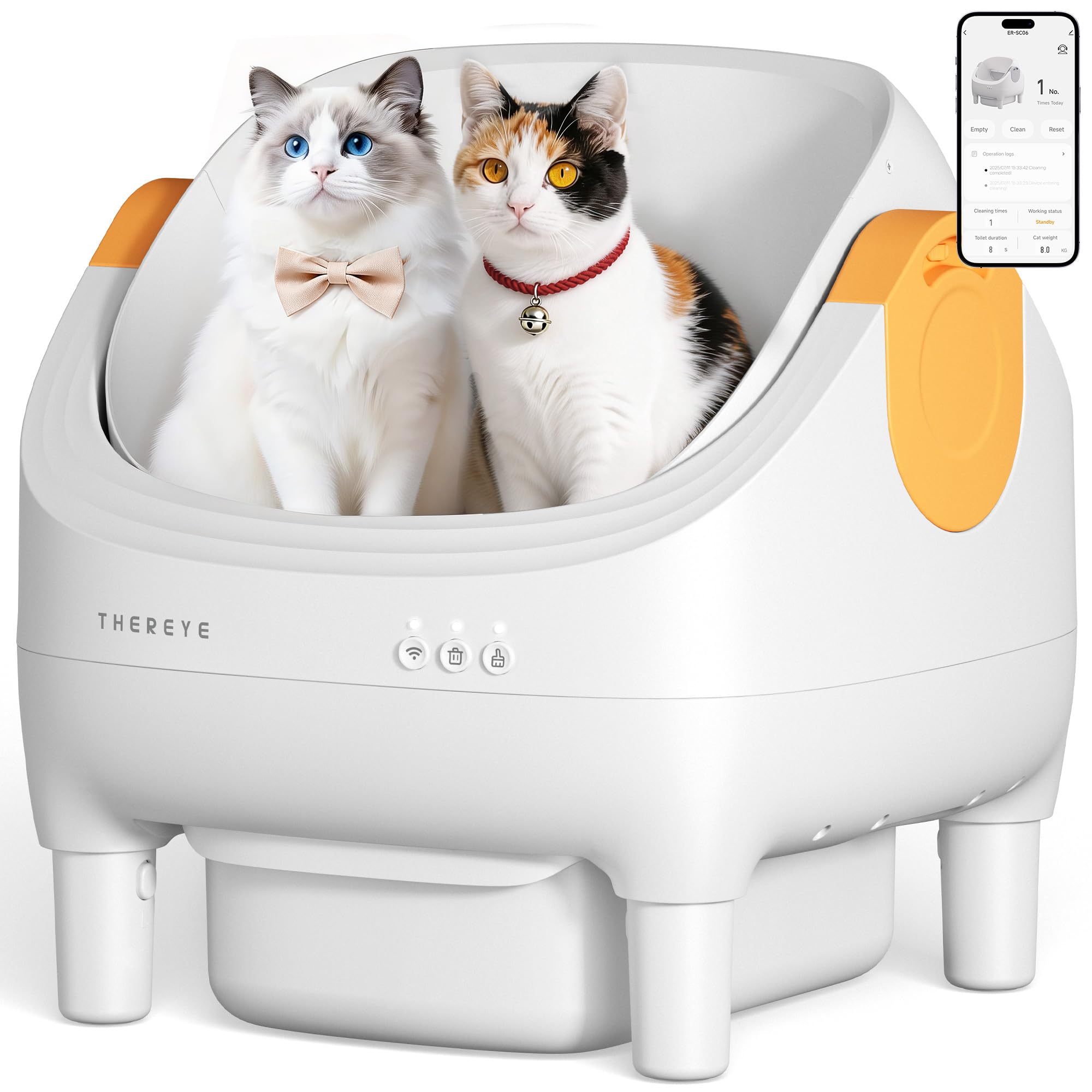 Thereye Self Cleaning Cat Litter Box, Open-Top Automatic Litter Box with Smart App and Safety Sensors, Large Auto Litter Box for Multiple Cats, 10L Waste Bin with Odor Control, Includes Trash Bag