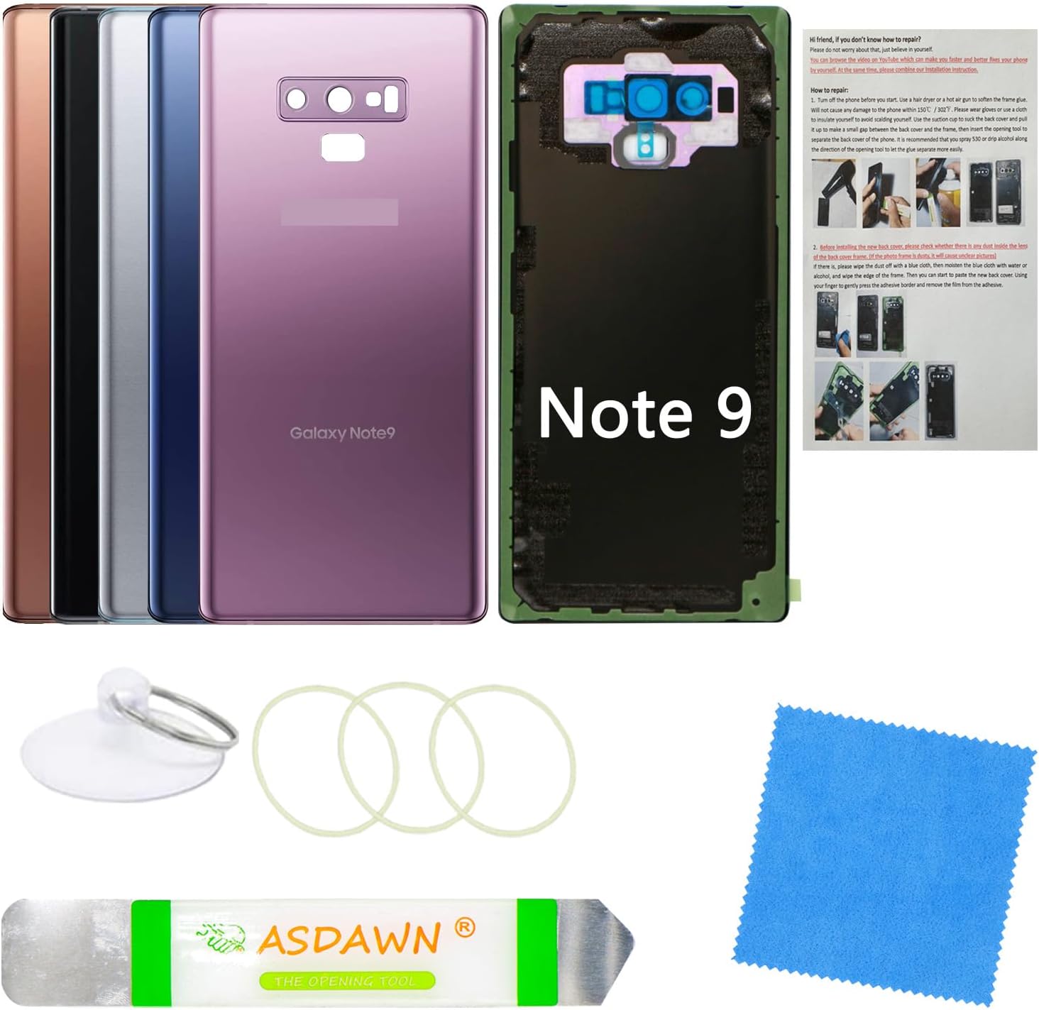 Galaxy Note 9 Back Glass Cover Replacement Housing Door with Pre-Installed Camera Lens+Installation Manual+Repair Tools for Samsung Galaxy Note 9 SM-N960 All Carriers(Lavender Purple)