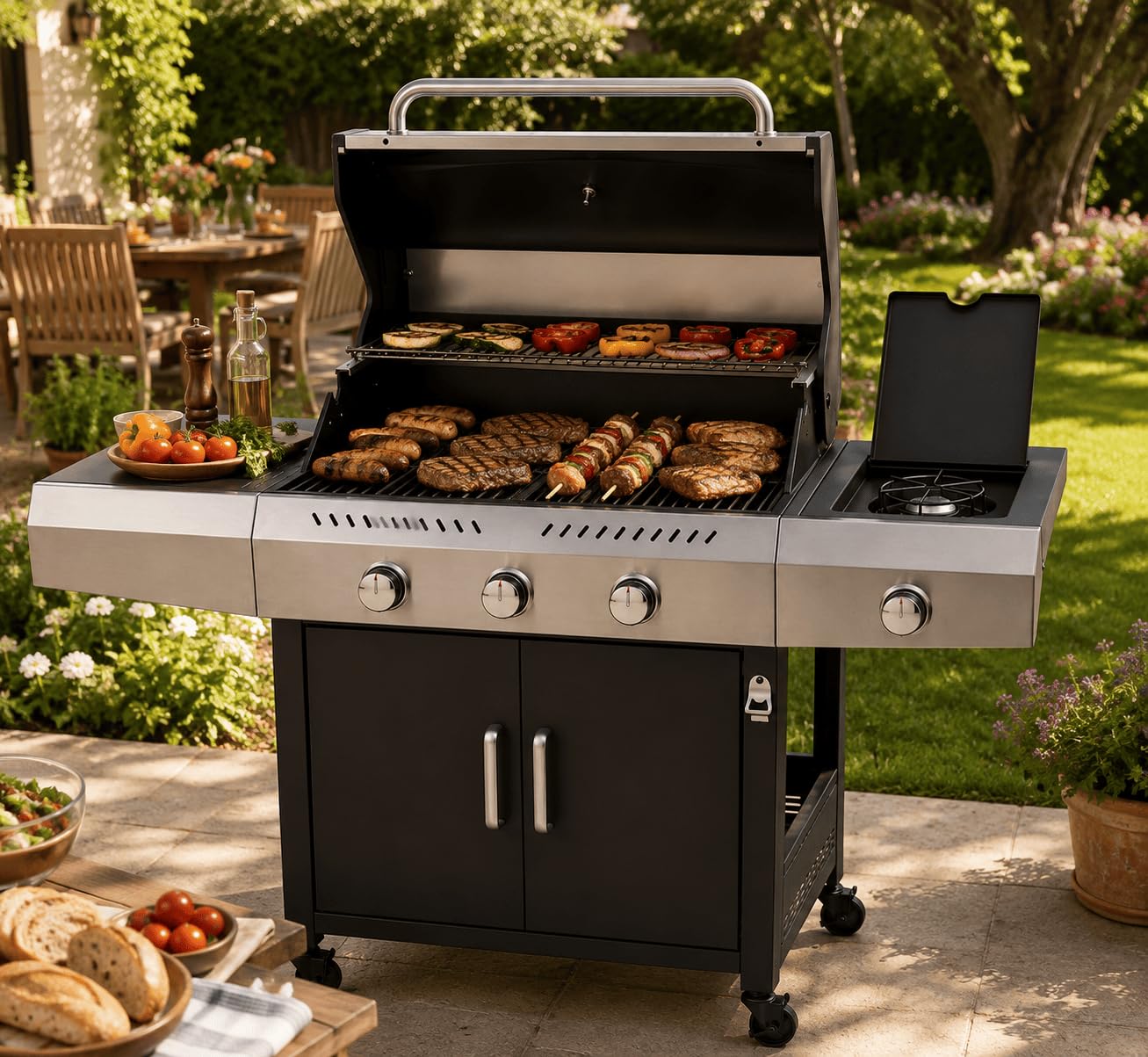 Barbecue a Gas Professionale XXL Da 13 kW con 4 Bruciatori in Acciaio Inox 304 Con Fuoco Laterale Termometro Coperchio Doppio Griglia Di Cottura 65 x 42 Cm Scaldavivande Ruote 135 × 50 × 120 Cm Nero