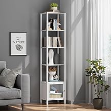 TUTOTAK 6 Tier Bookcase and Bookshelf, Narrow Book Shelf with Door for Small Space, for Living Room, Office, Study, Entryway, White BS03BW006
