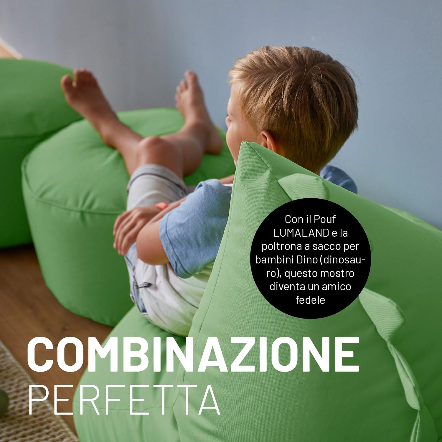 Lumaland Pouf Dino Animal Design | Pouf per interni ed esterni per bambini | Combinabile con gli amici di Animal Line | 90 x 90 x 70 cm [verde]