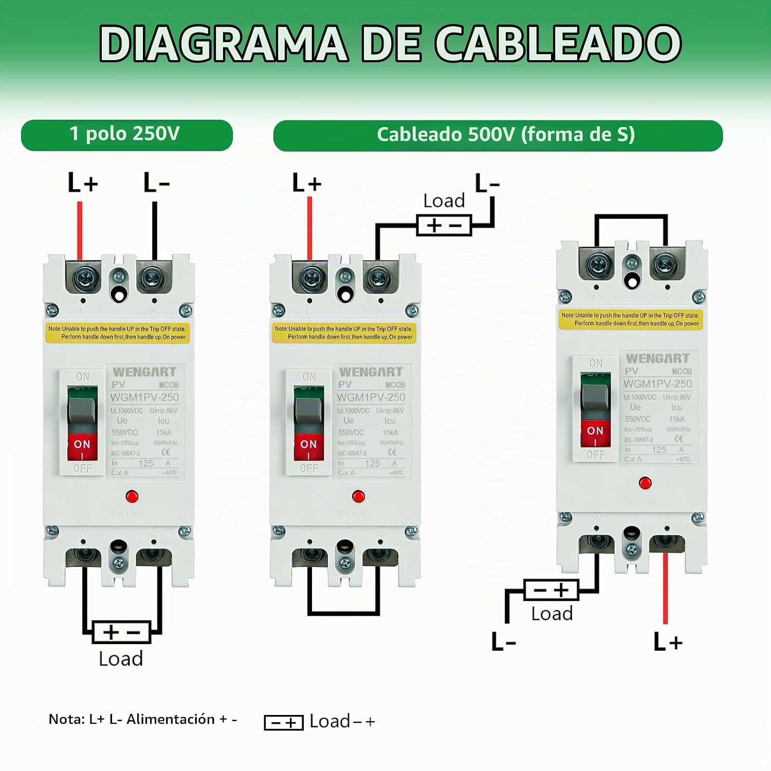 Wiring diagrams for the Wengart MCCB, showing connections for 1-pole 250V and 500V (S-form) configurations, with polarity markings.