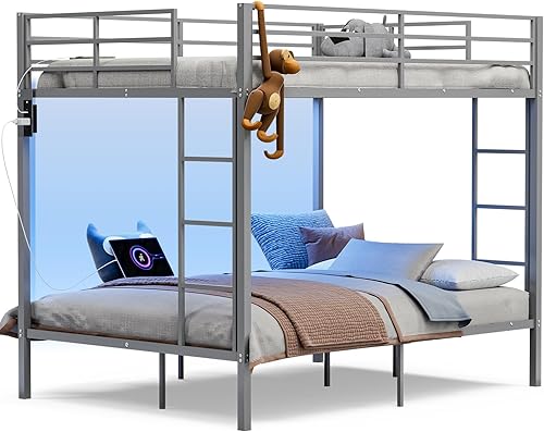 Miniatura 9 de IKIFLY Literas de tamaño matrimonial sobre tamaño matrimonial con luces LED y estación de carga, marco de litera de metal resistente, barandilla de