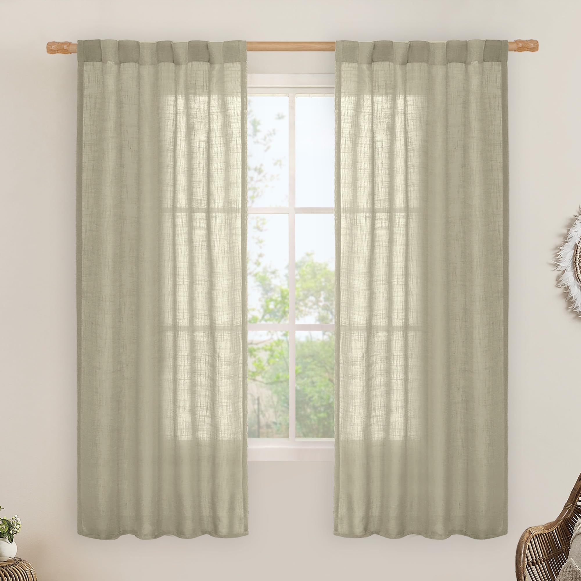LAMIT Oatmeal Semi Sheer Window Linen Curtains 63 Inch Length 2 Panels