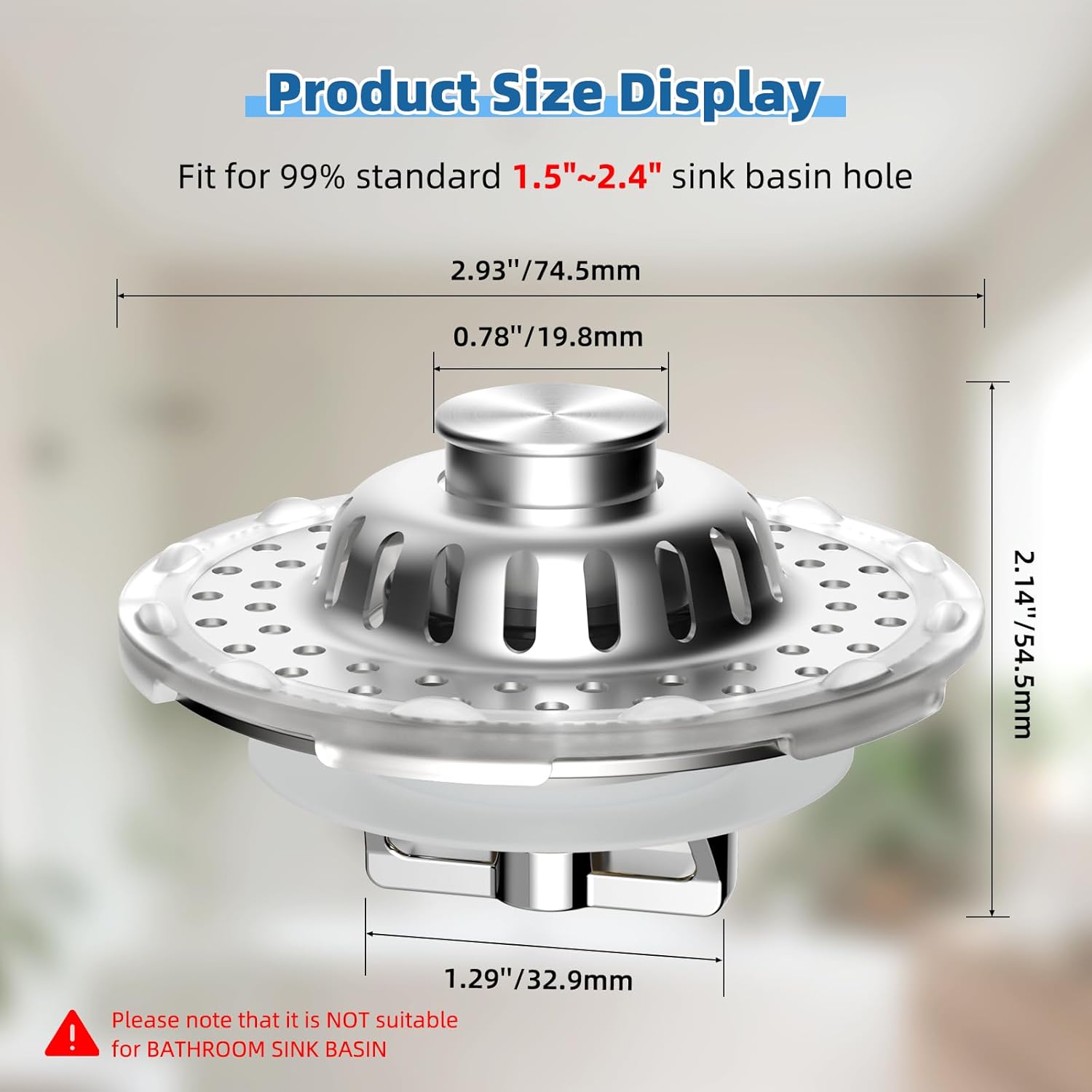 Metal 2 Pack Bathtub Drain Stopper with Top Hair Catcher, Visible Top Strainer Tub Stopper, Upgraded 3 in 1 Pop-up Drain Plug Fit for 1.5 to 2.4" Hole, Stainless Steel Filter Basket