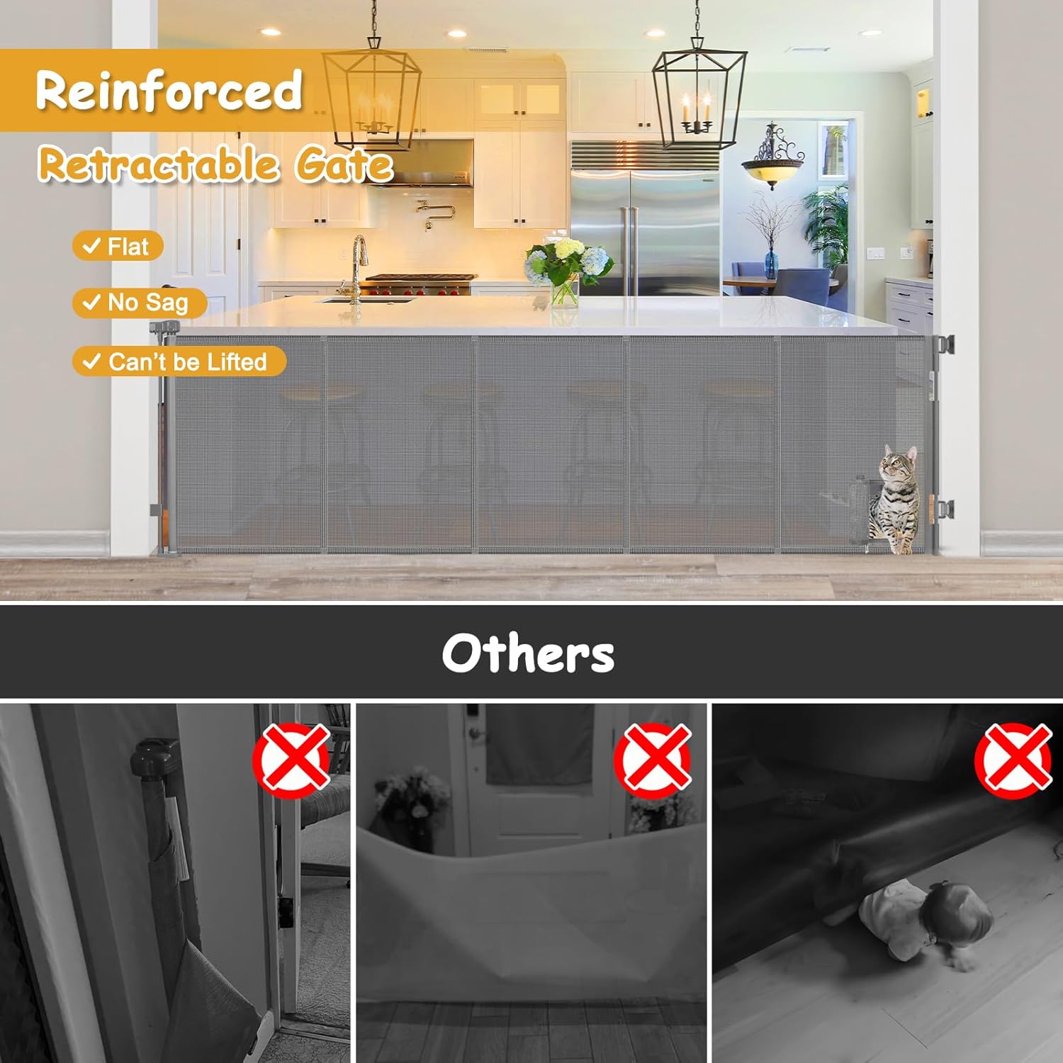 Reinforced 120 Inch Extra Large Retractable Dog Gate with Cat Door 10ft Extra Wide Baby Gates for Large Openings 33 Inch Tall Pet Gate Indoor with Reinforced Strips Long Baby Gates With Cat Door, Gray