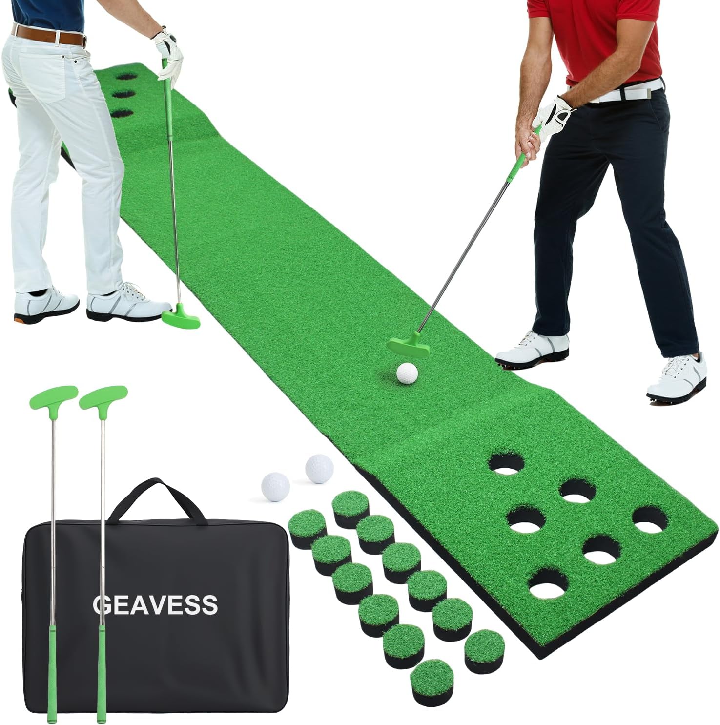 Golf Putting Game Set, Portable Green Mat with 2 Putter, 2 Ball, Cups, Bag | indoor, outdoor, golf putting practice, putter ball, putting green, 2–4 players, backyard party, family fun, gift idea