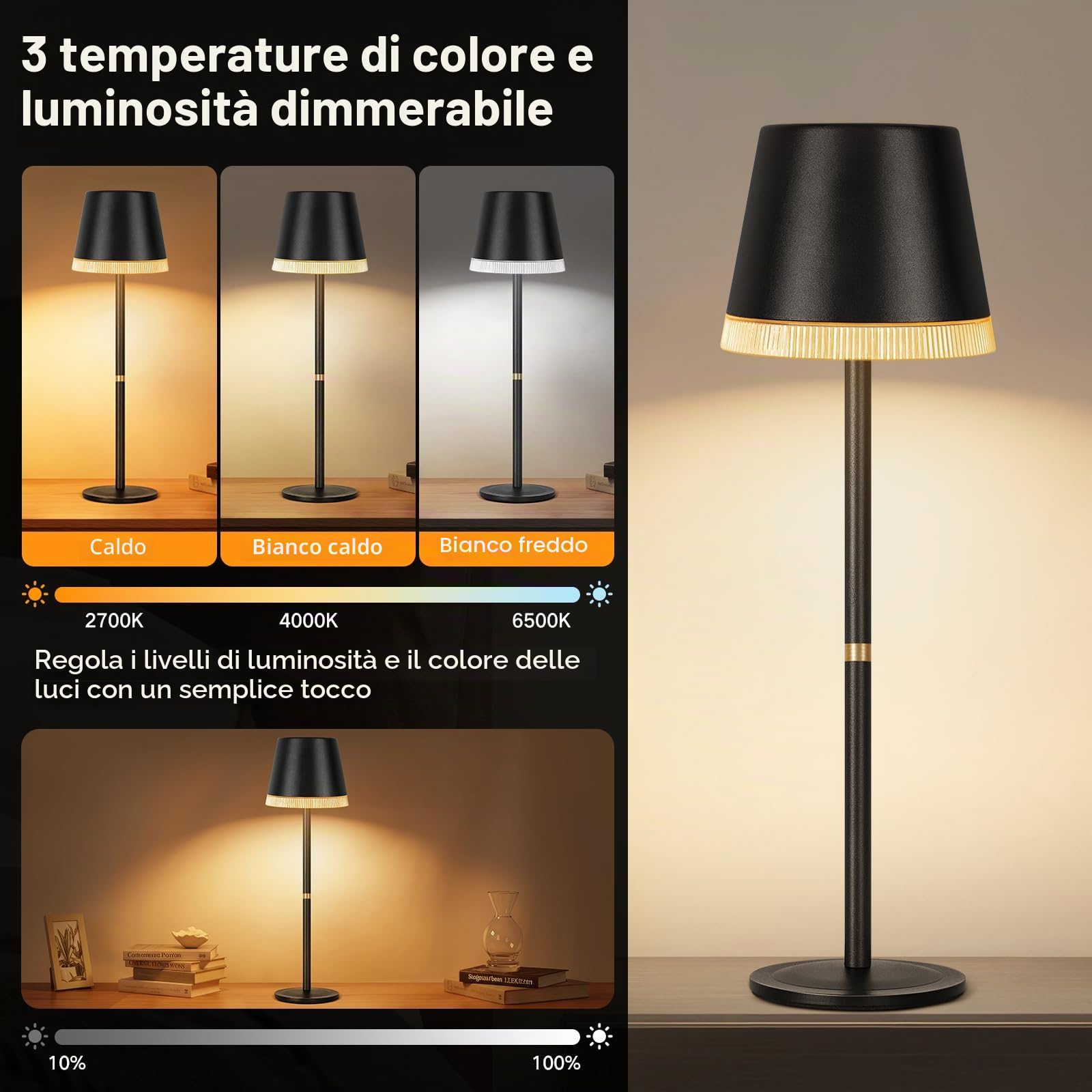 OUTON 2 Pezzi Lampada da Tavolo Senza Fili con 3 Modalità, Nero | Colore e Luce RGB, Lampada LED Ricaricabile con Touch, Dimmerabile, Memoria, Impermeabile IP54 per Camera da Letto