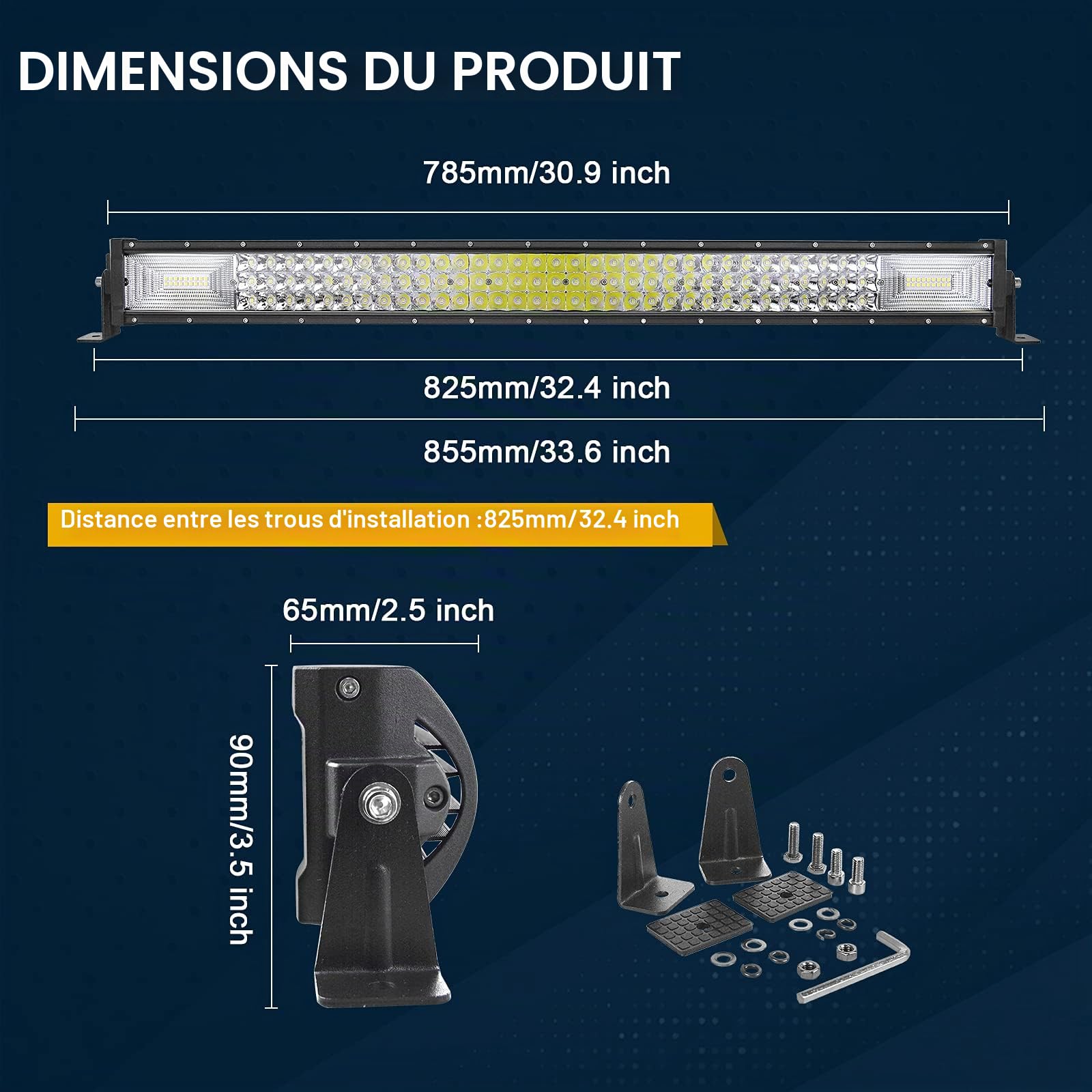 AUXTINGS 86 cm 405W Barre lumineuse à LED droit Spot d'inondation Foutre Triple Ligne de plongée pour la route hors route ATV AWD SUV 4WD 4x4 Pickup,12V 24V imperméable 6000k