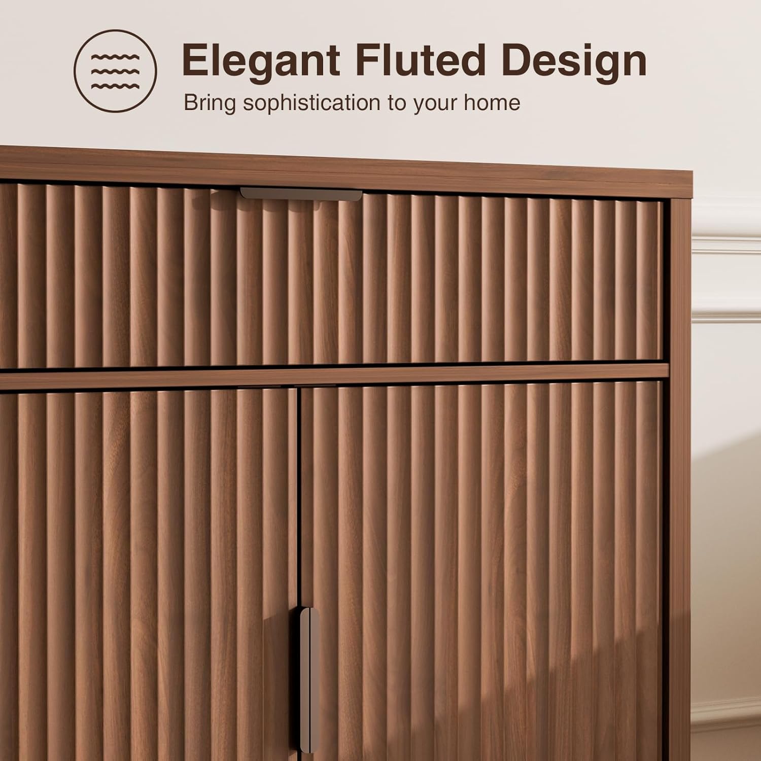 Vabches Fluted Sideboard Buffet Cabinet with Storage, 32" Wide Coffee Bar Console Table with Drawer, Fluted Doors & Adjustable Shelf, Wood Buffet Table for Living Room, Kitchen Dining Room, Brown